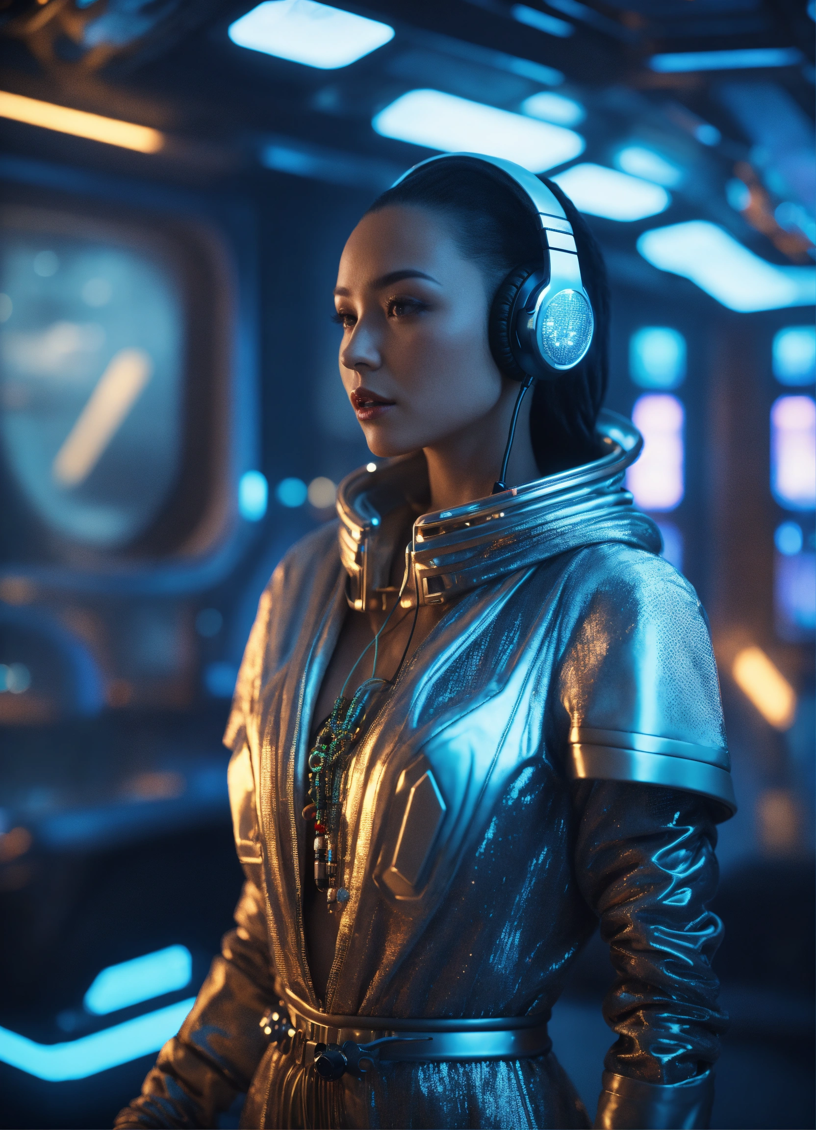 Lexica - Zoom out from a mixed humanoid, wearing a fancy space robe ...