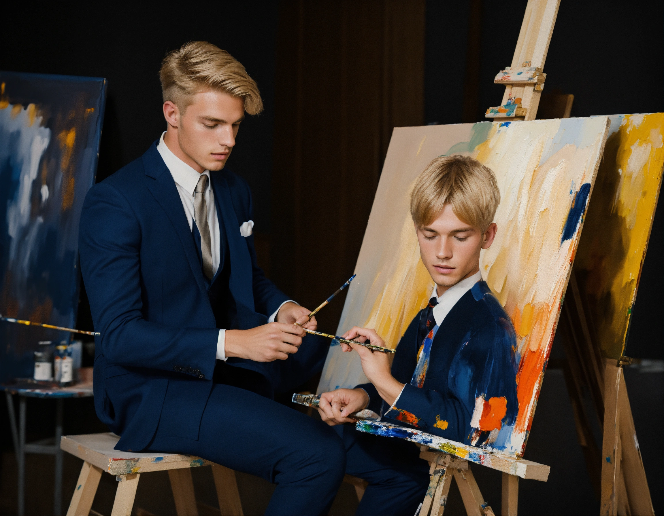 Lexica - A young blonde male painter in navy vested suit painting a ...