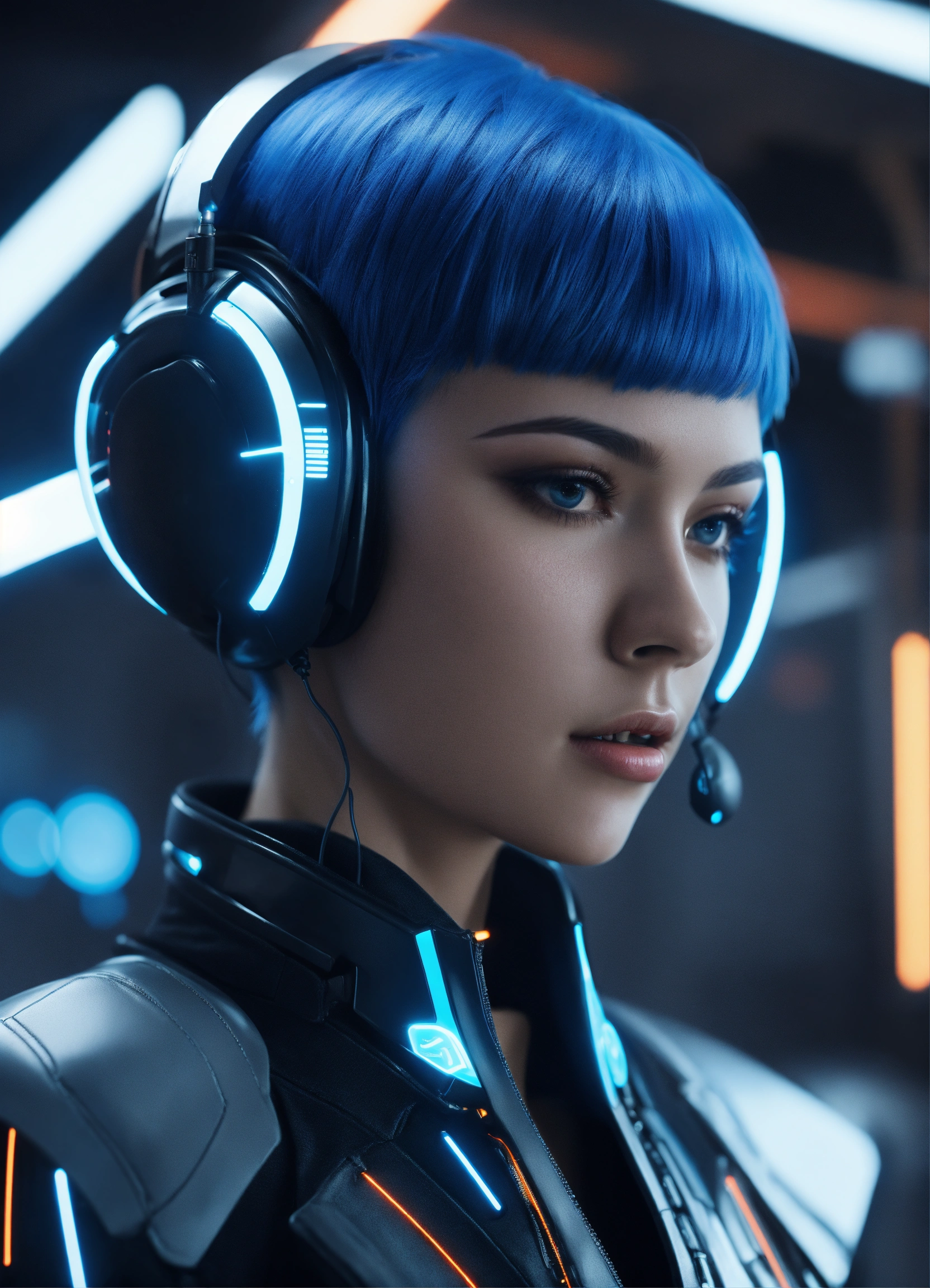 Lexica - Zoom out of a beautiful girl with short blue hair wearing a ...
