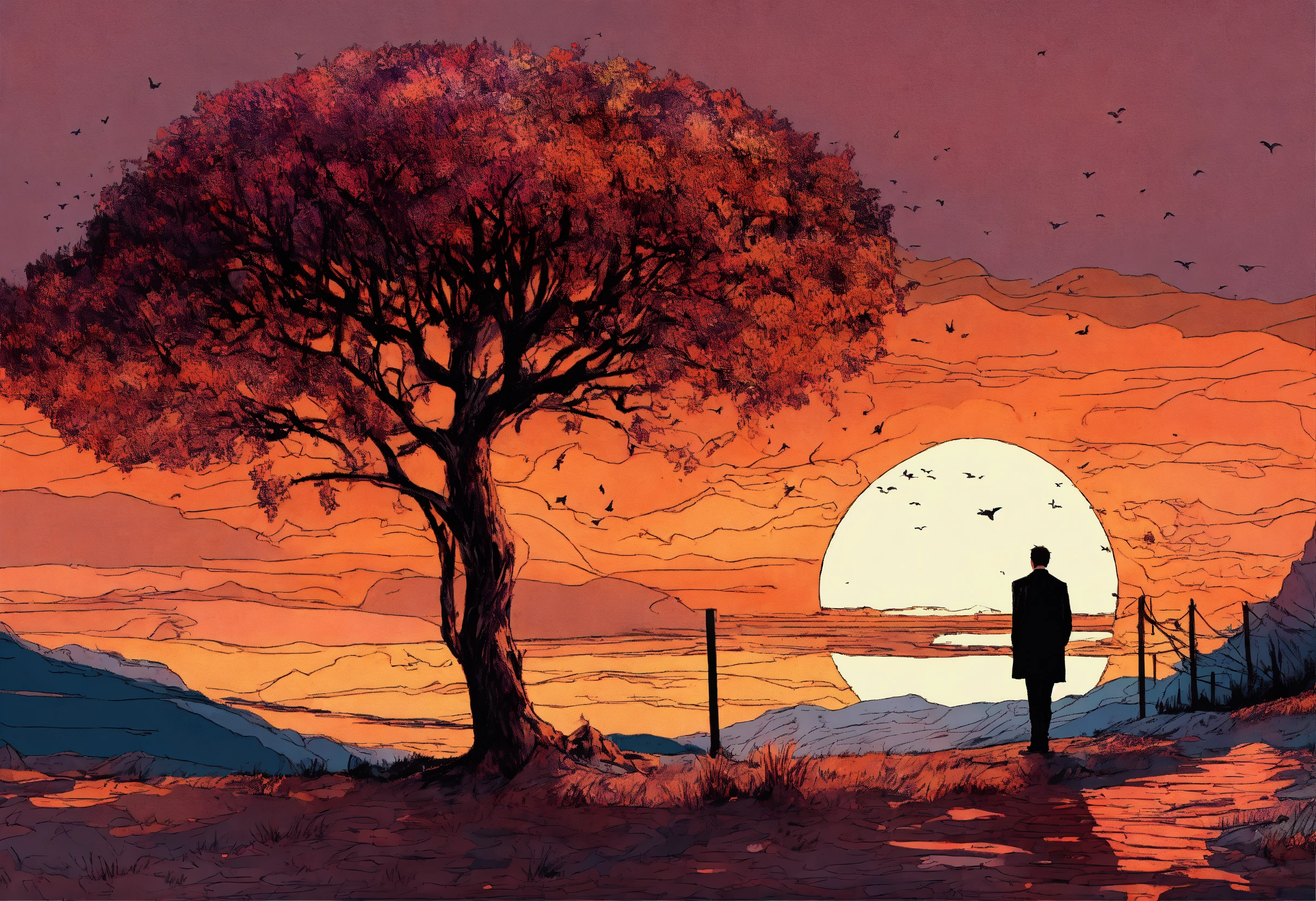 Lexica - Pen and ink, man alone forever. sadness, stunning color scheme ...