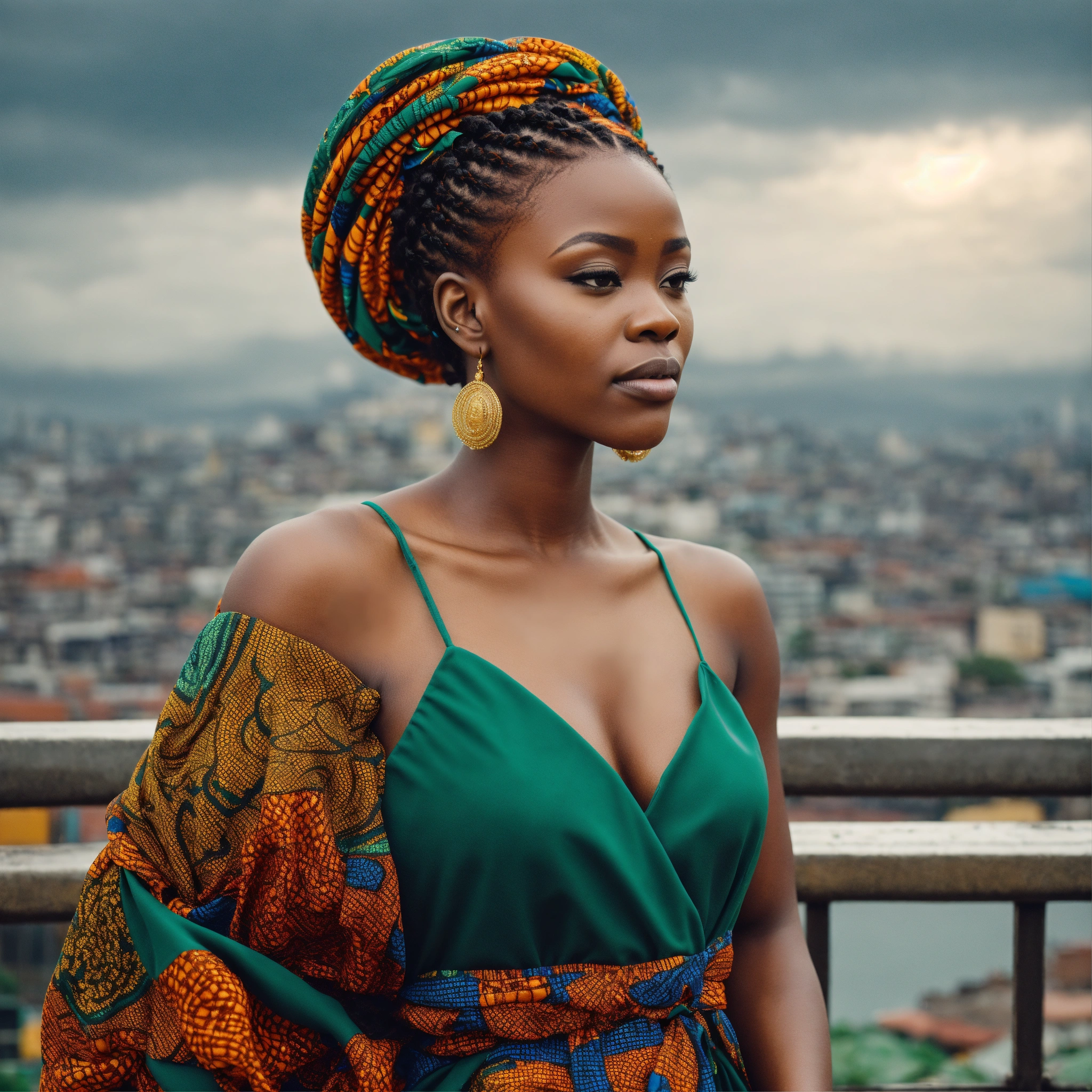 Lexica African Woman Beautiful Attractive Braided Hair Casual Dress Lagos City Background