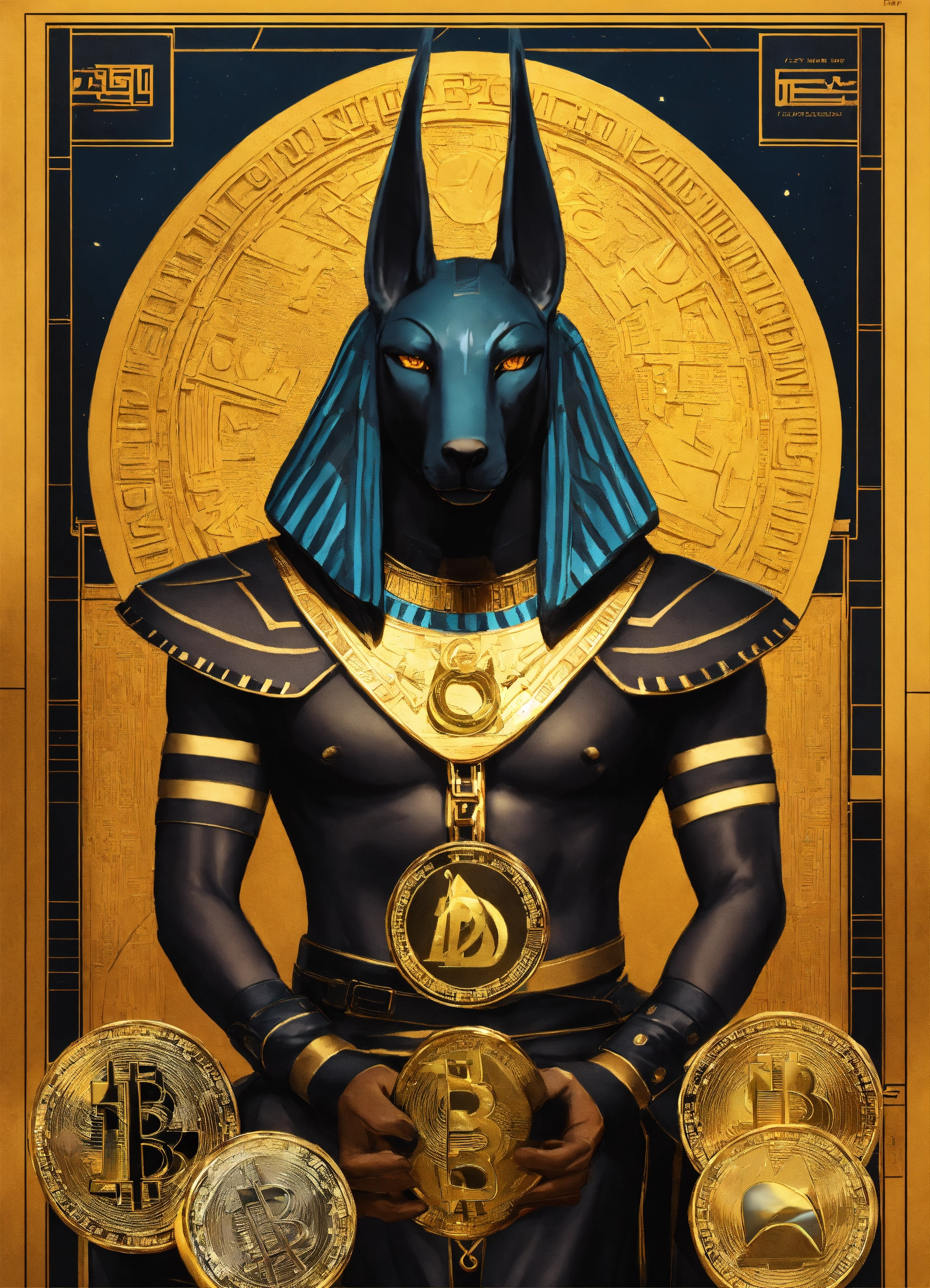 Lexica - Advertising poster of Anubis, surrounded by cryptocurrency