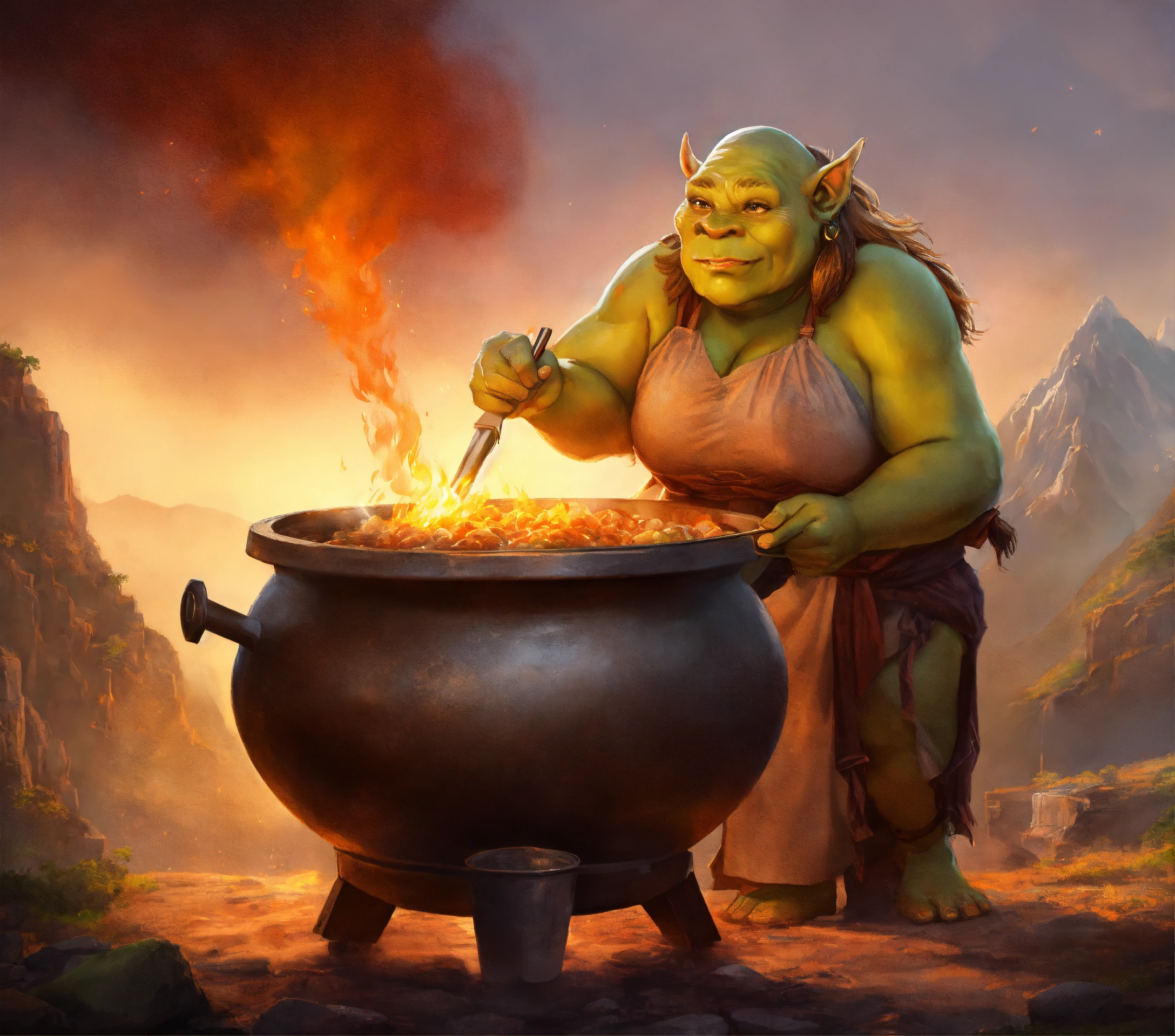 Lexica - Ogre female cooking in a cauldron, mountain, digital painting ...