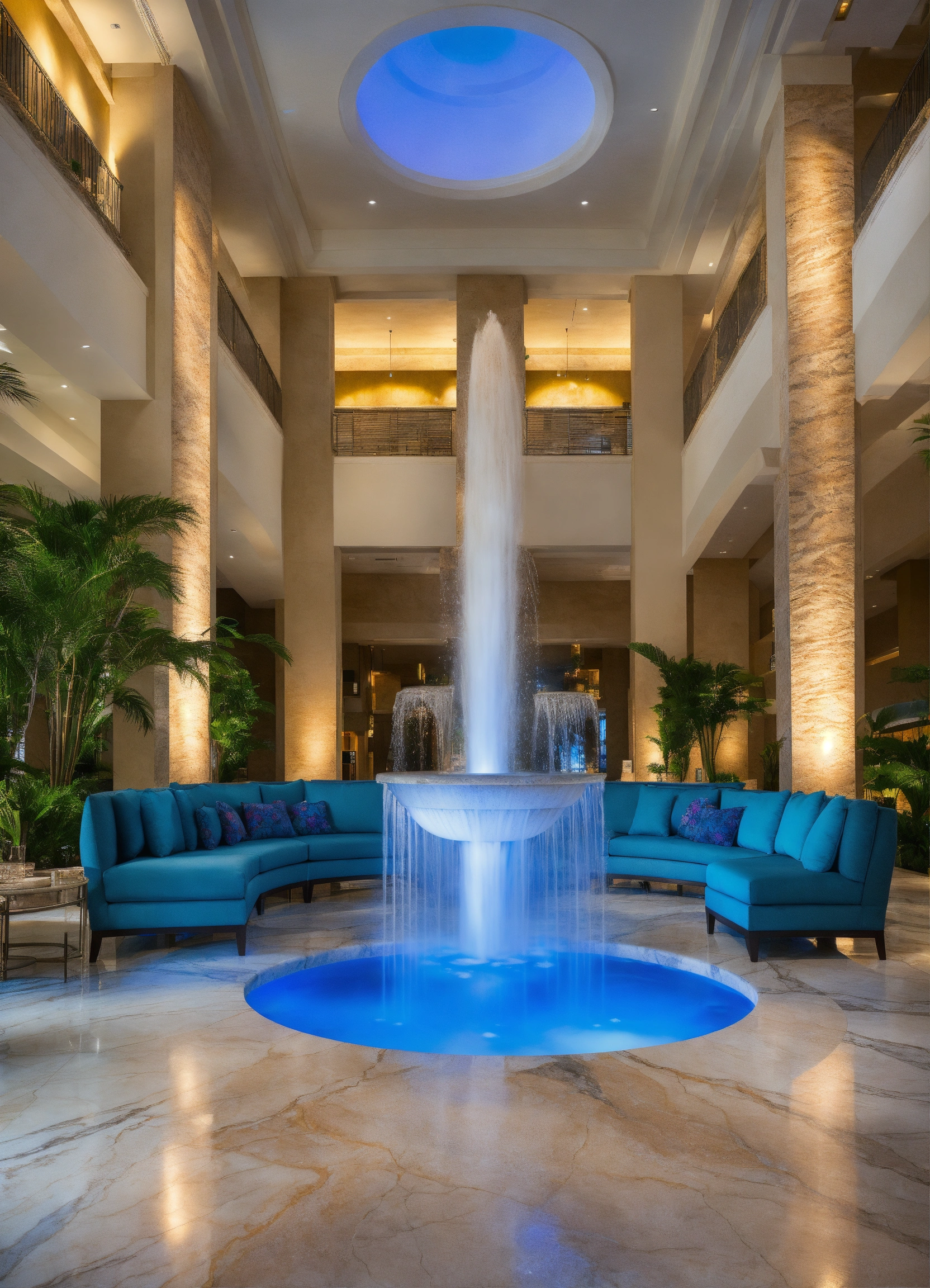 Lexica - Large upscale lobby, with plush white sofas with colorful blue ...