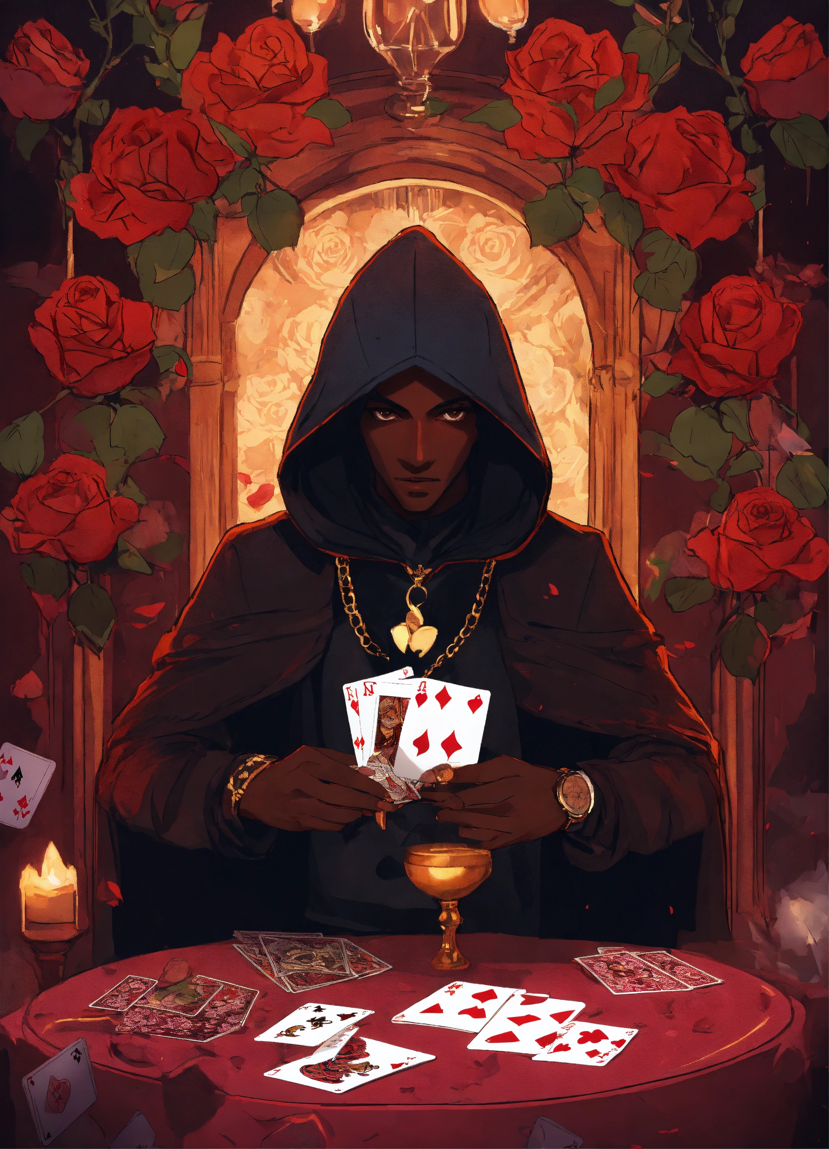 Lexica - A dark-skinned hooded magician with cards with roses drawn ...
