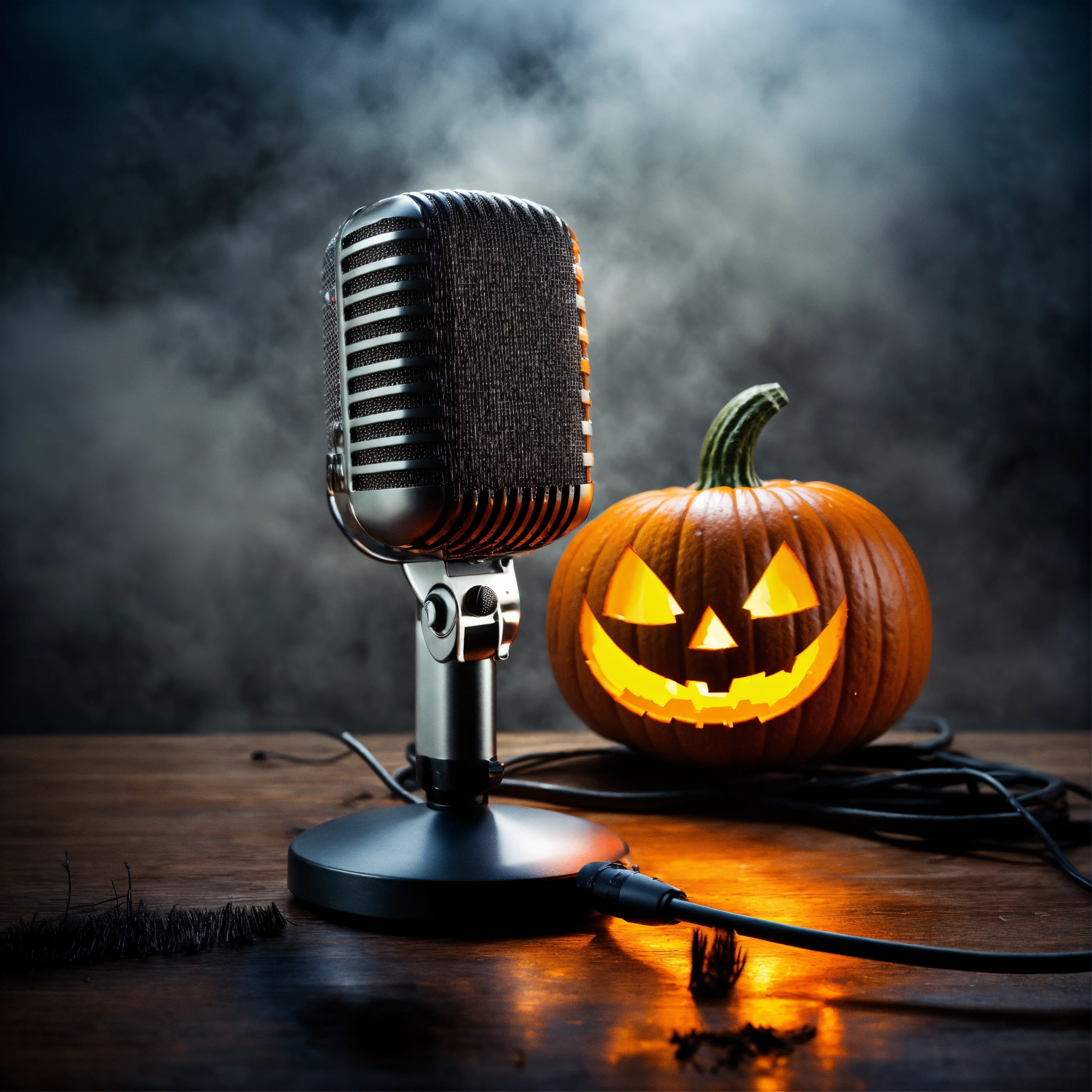 Lexica - Microphone with halloween pumpkin in dark mist and fog