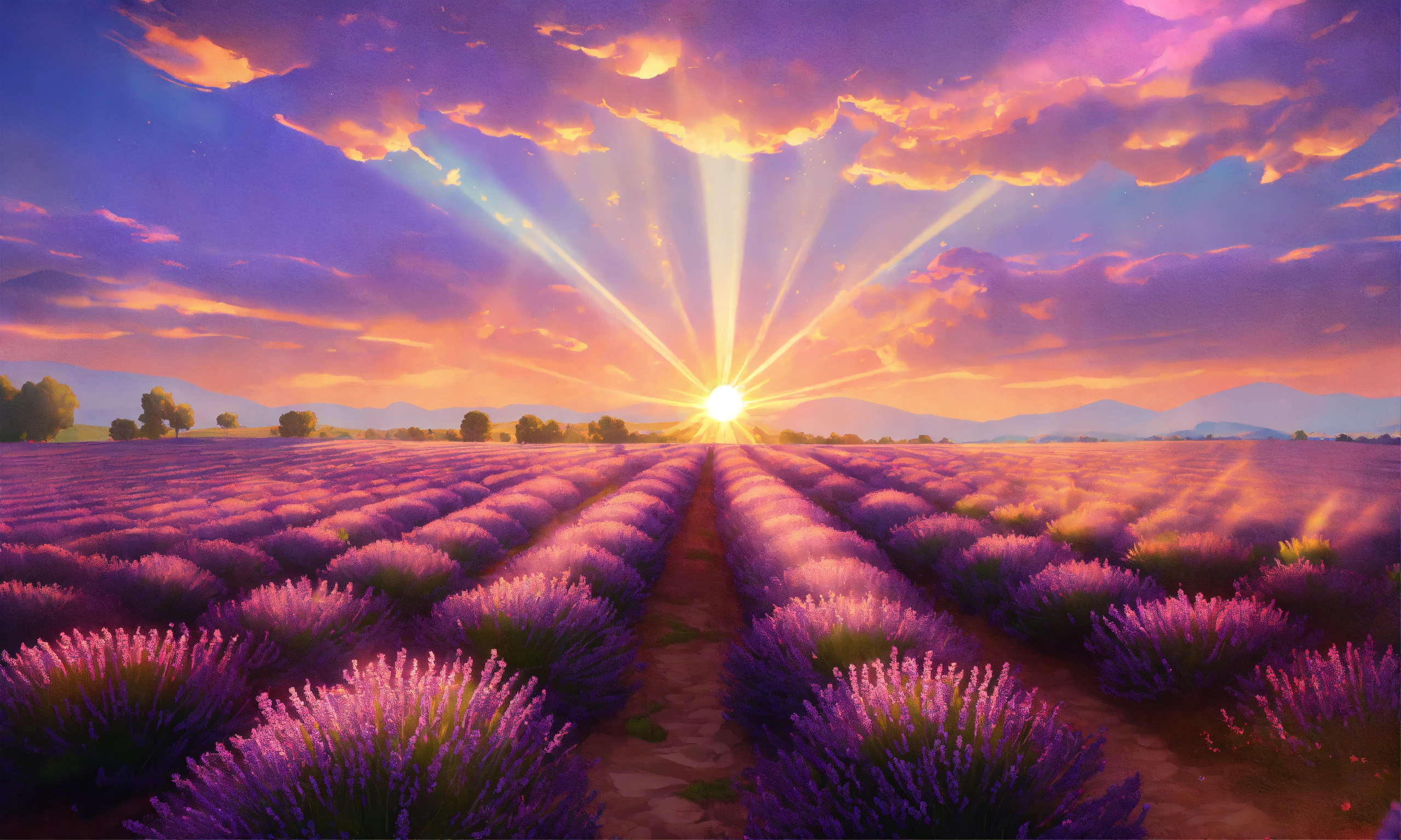 Lexica - Close up lavender field with rays of sunlight, lots of clouds ...