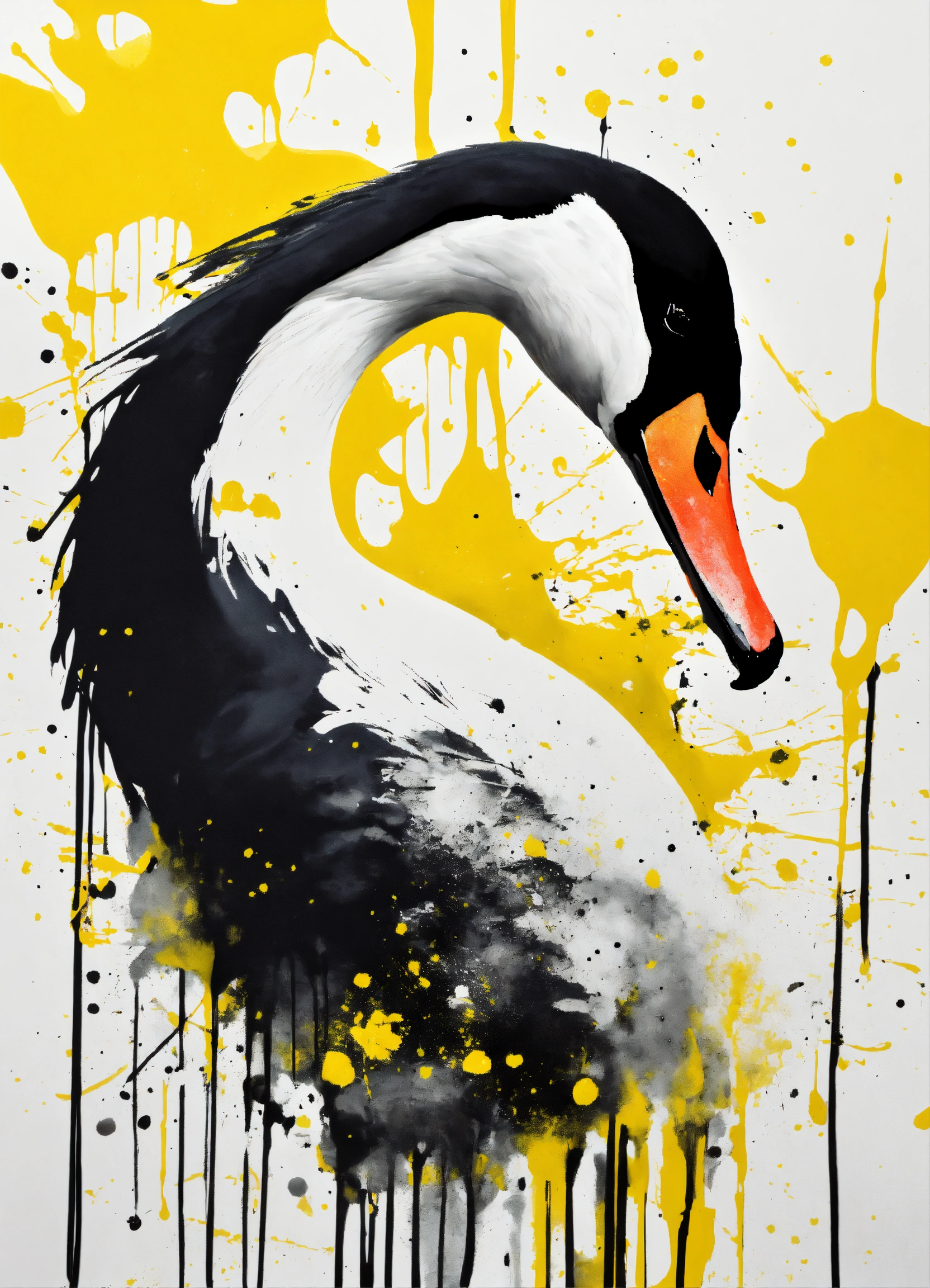 Lexica - Swan, abstract splatters and drips, Monochrome with yellow ...
