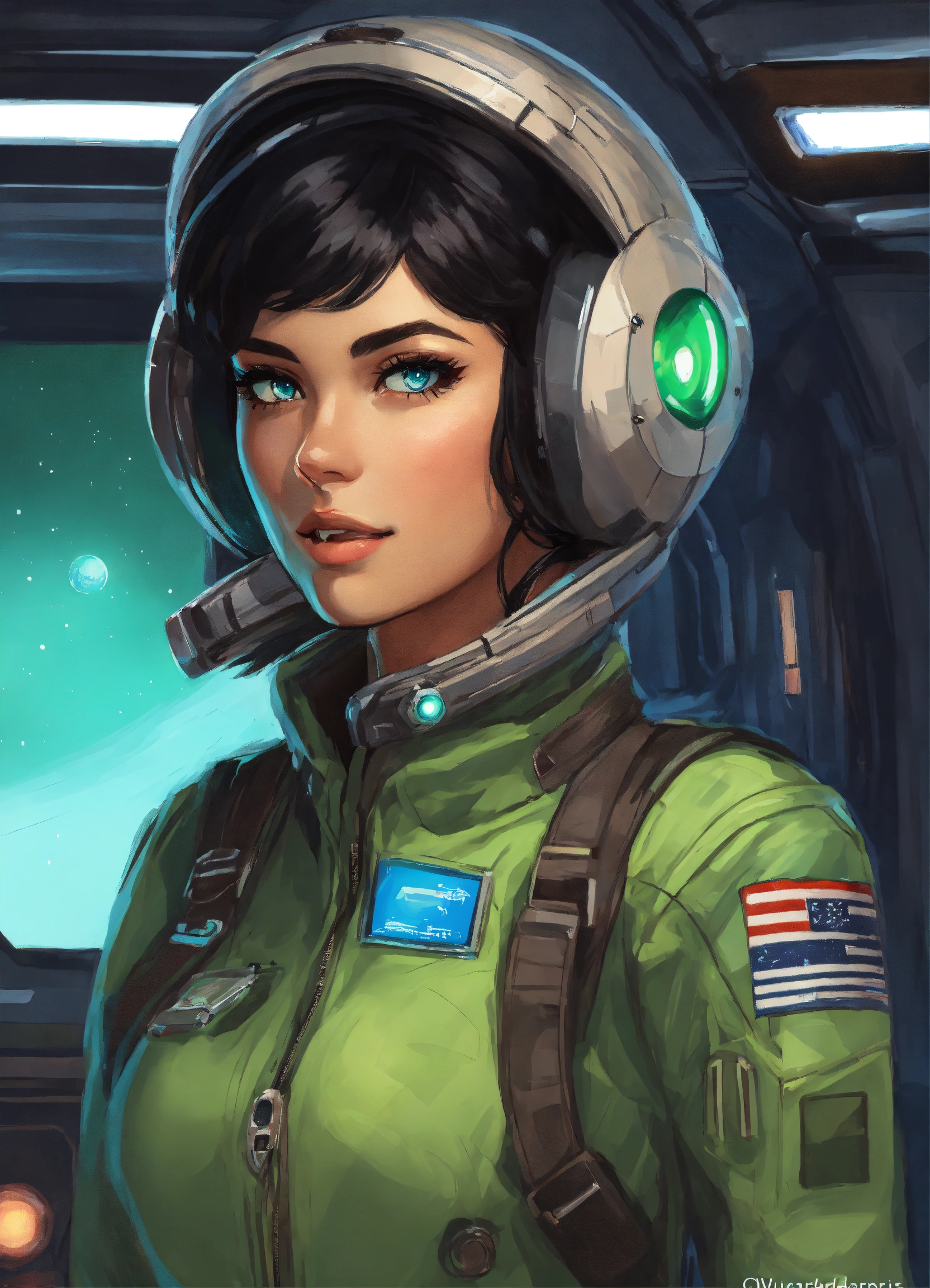Lexica - Olivia de Berardinis art style, female pilot docking space ...