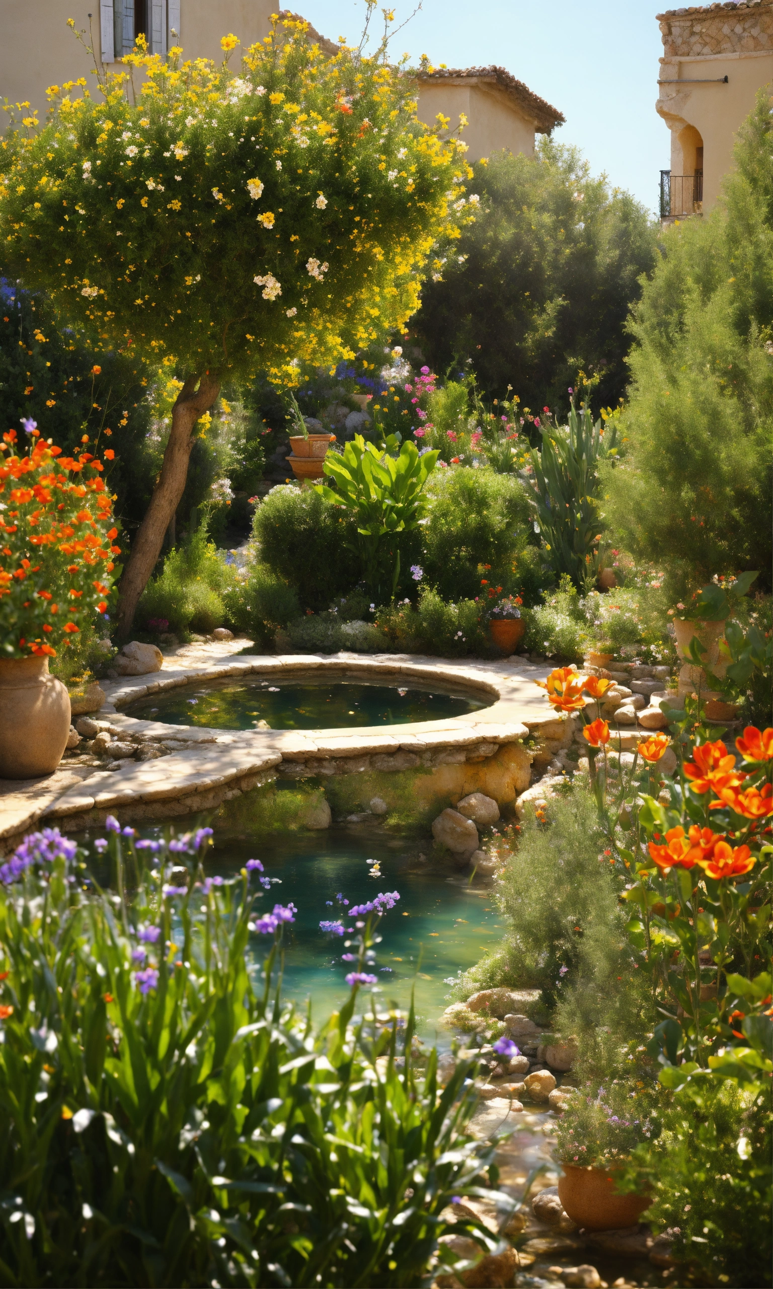 Lexica Beautiful mediterran garden, lots of different flowers, clear