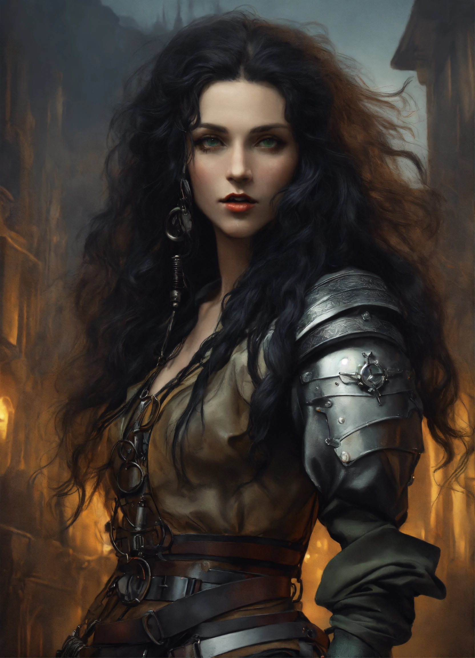 Lexica - Futuristic vampire hunter, middle age female face, long wavy ...