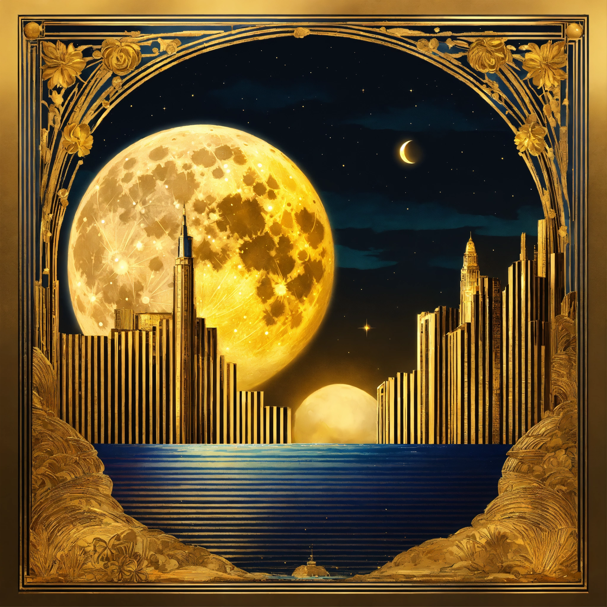 Lexica - Elaborate Art Deco Golden full moon dominating the sky at the ...