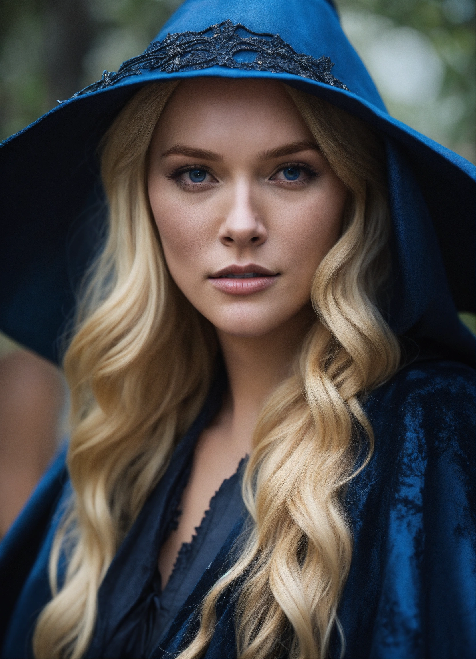 Lexica - A blonde with blue eyes women wears witch clothes and cloak ...