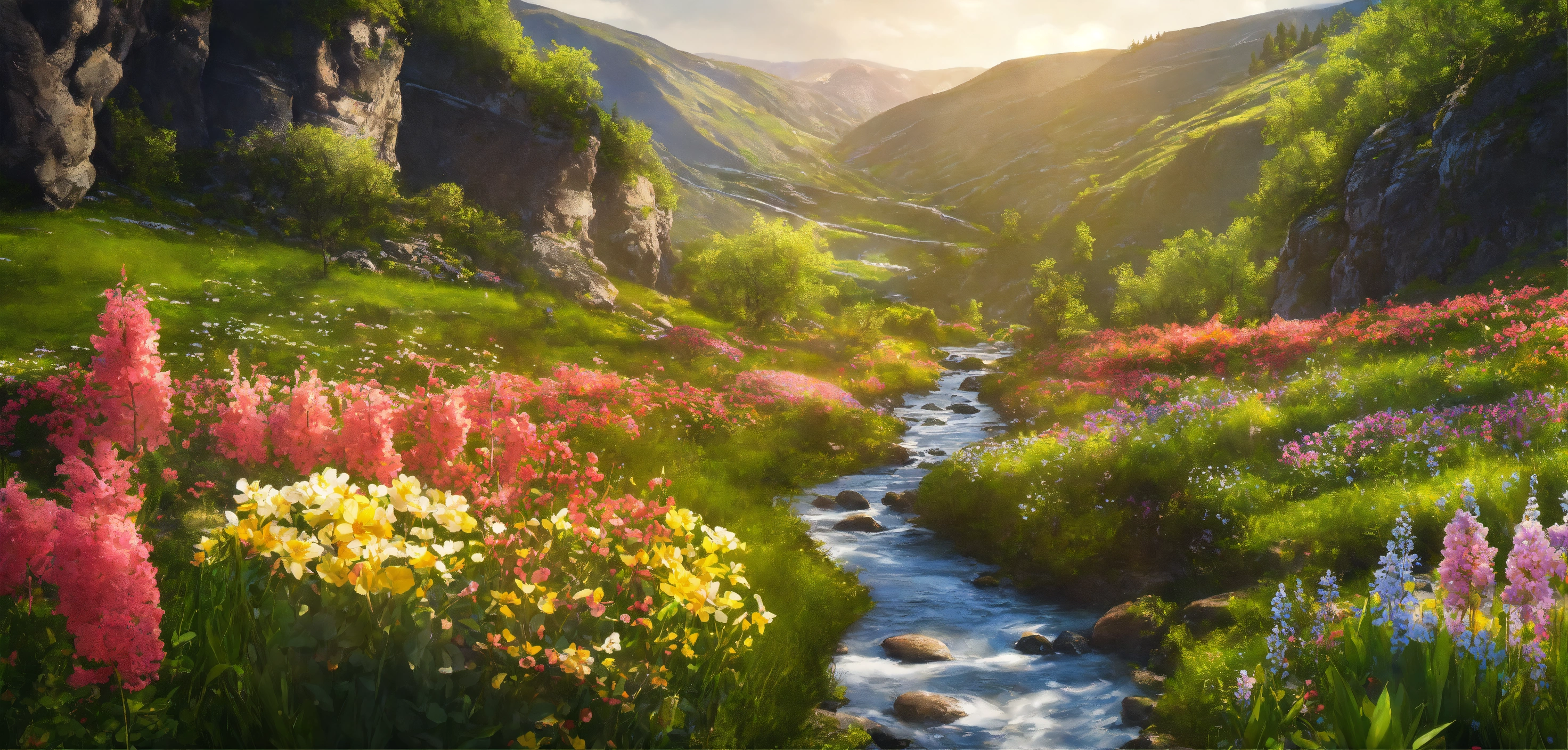 Lexica - A serene and majestic spring landscape view into a deep valley ...