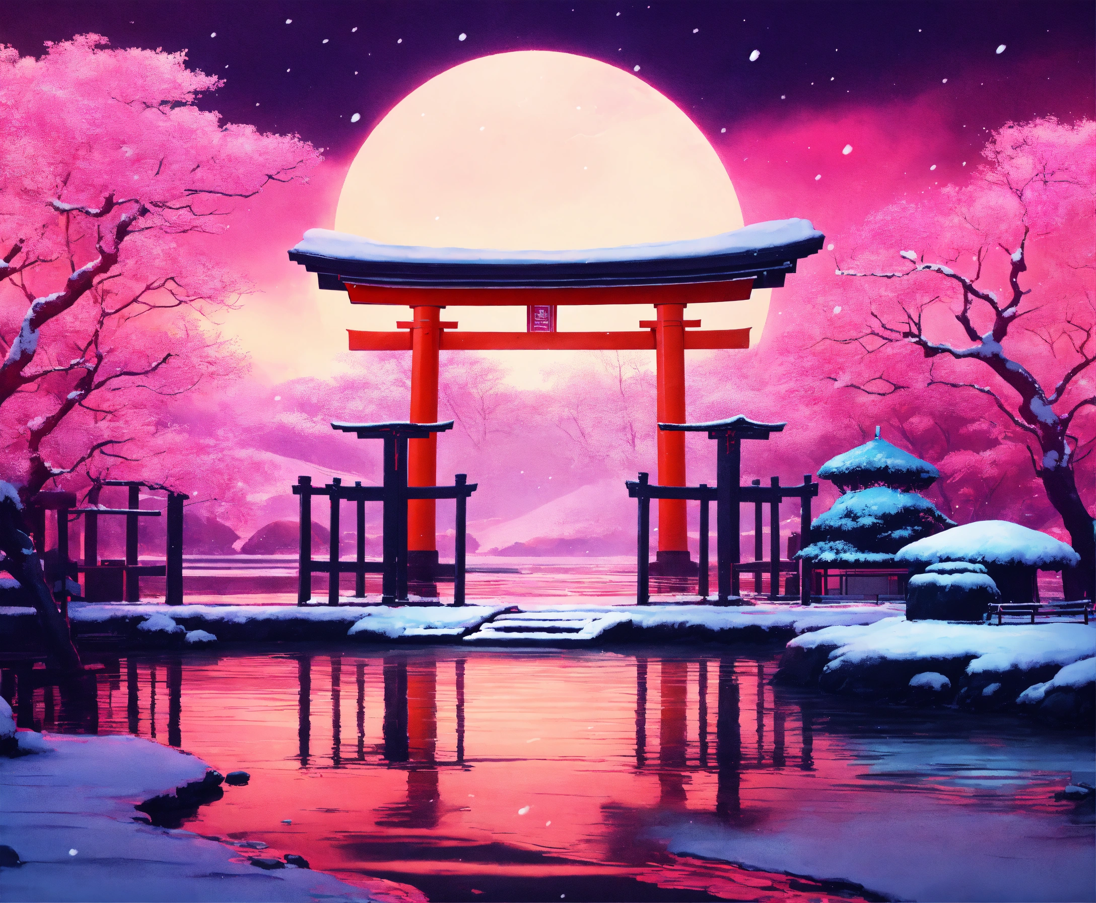 Lexica - Synthwave style winter snowy lotus pond fuji stone torii gate