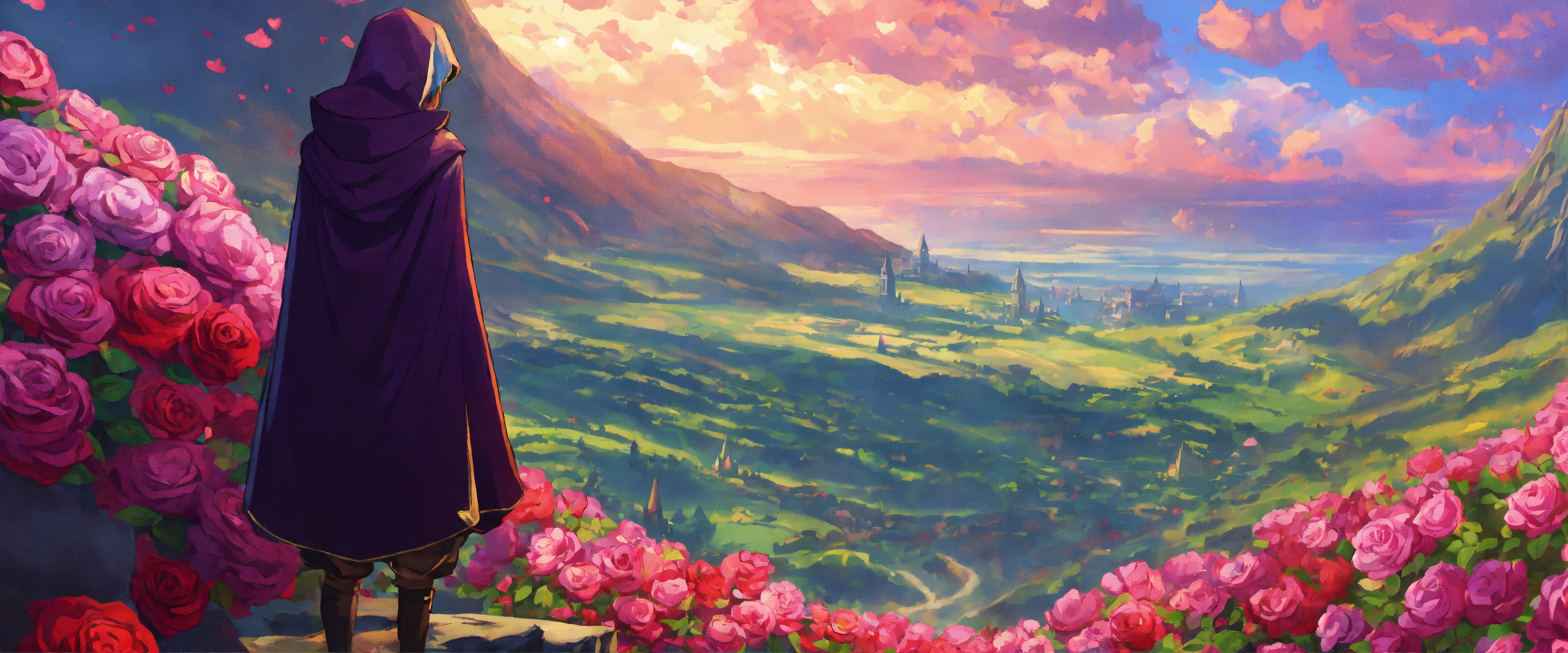 Lexica - Small hooded mage on a cliff gazing over the kingdom of roses ...