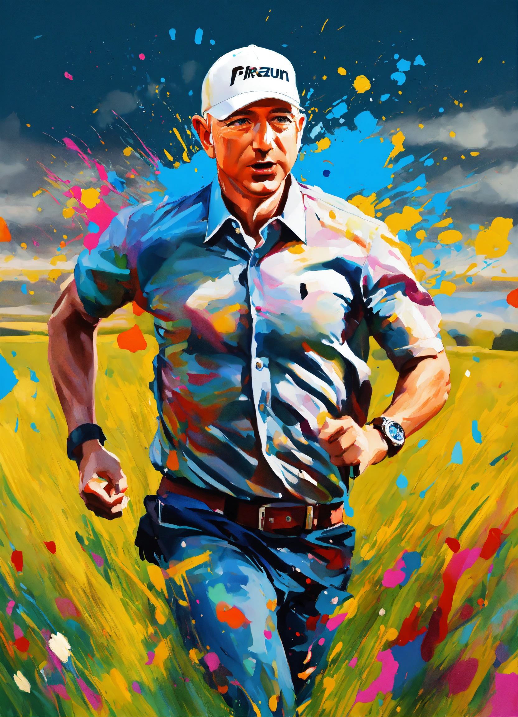 Lexica - A painting of 'Jeff Bezos' running with a cap no text, and t ...