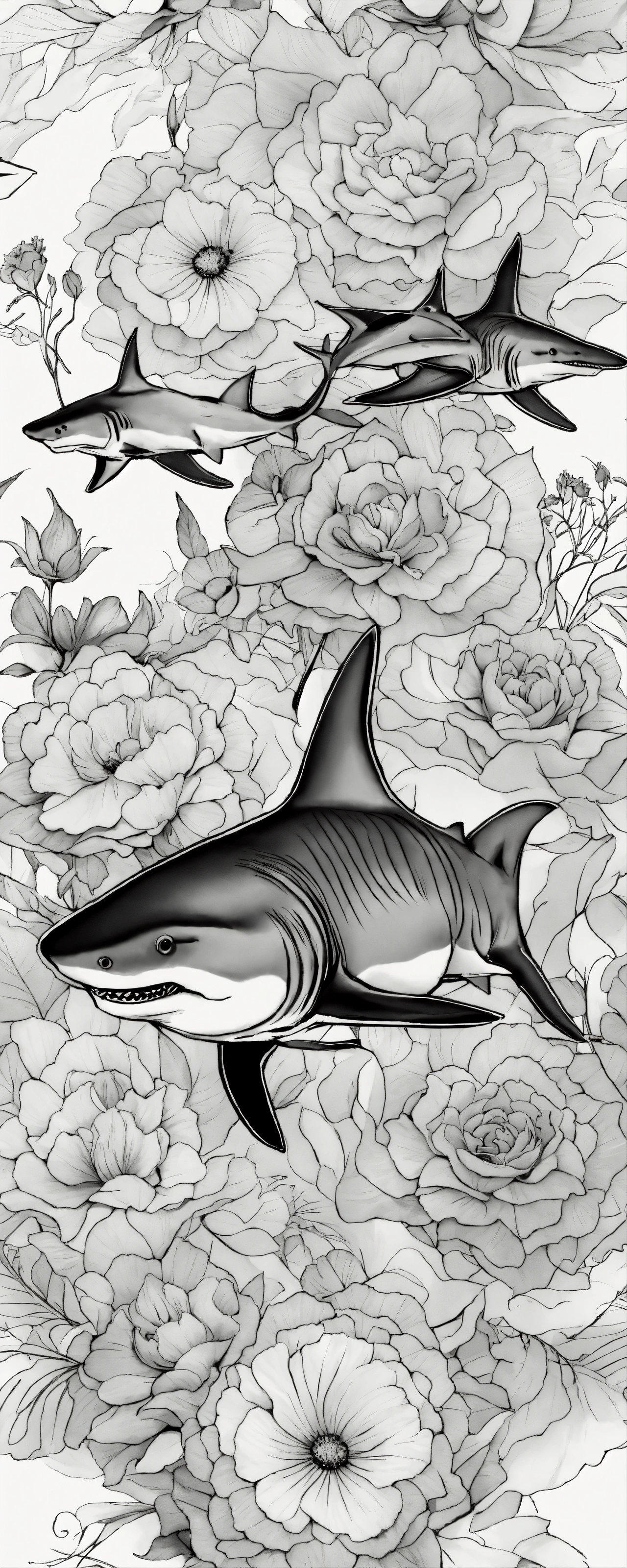 Lexica - Hammerhead sharks over flowers, tattoo style, black and white