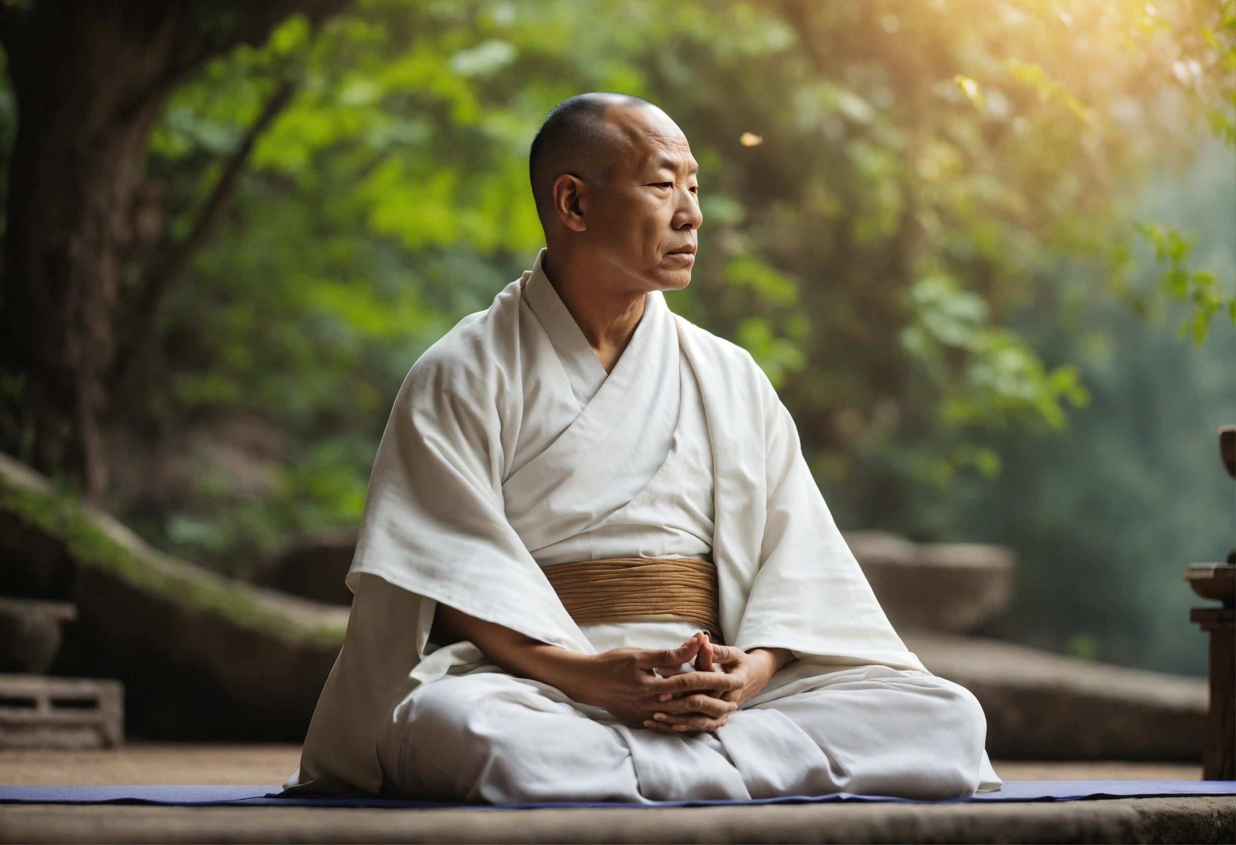 Lexica - Wise monk wearing white clothes sitting in meditation