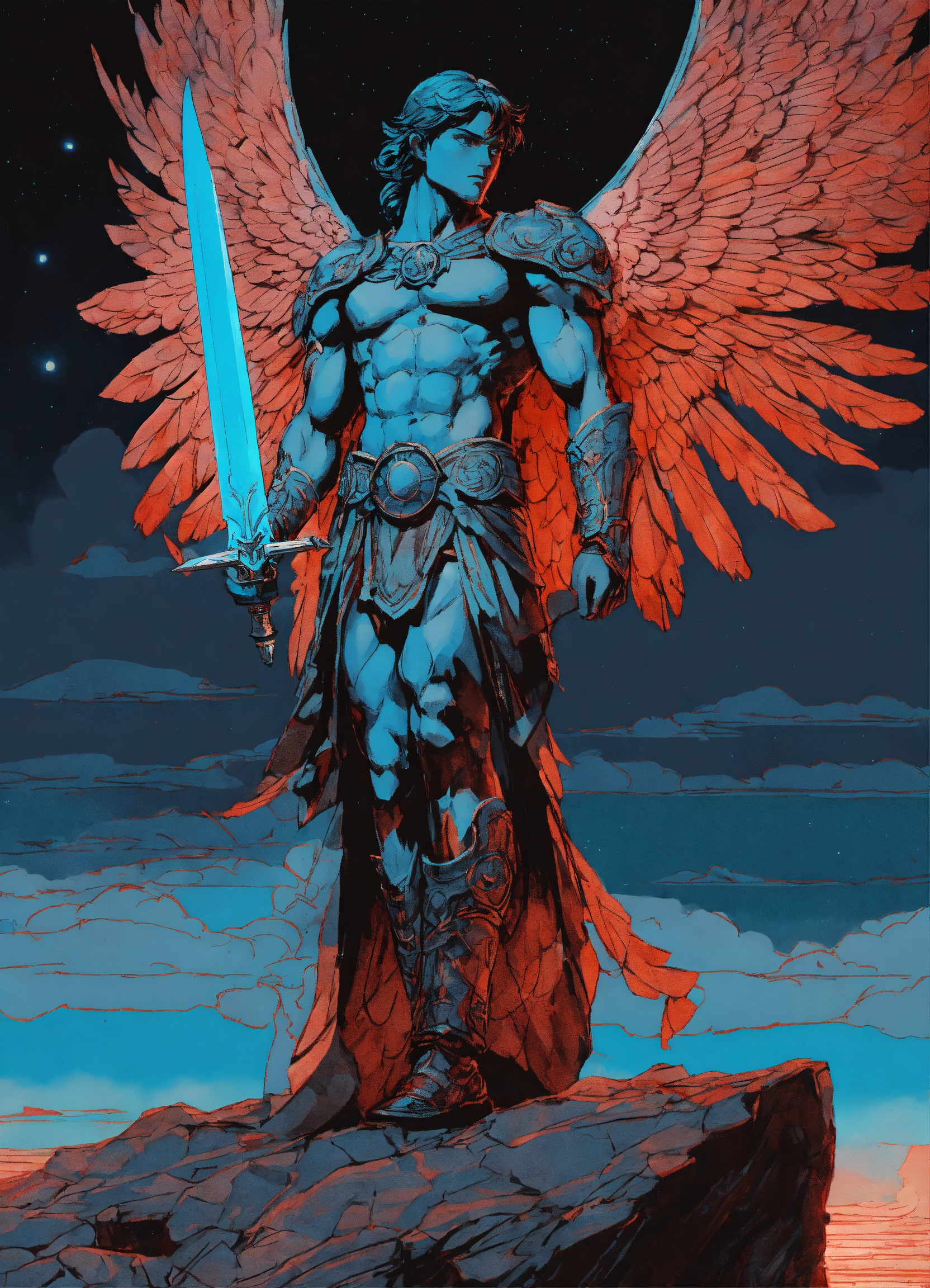 Lexica - Drawing of an angel figure with muscles, wide wings, sword in ...