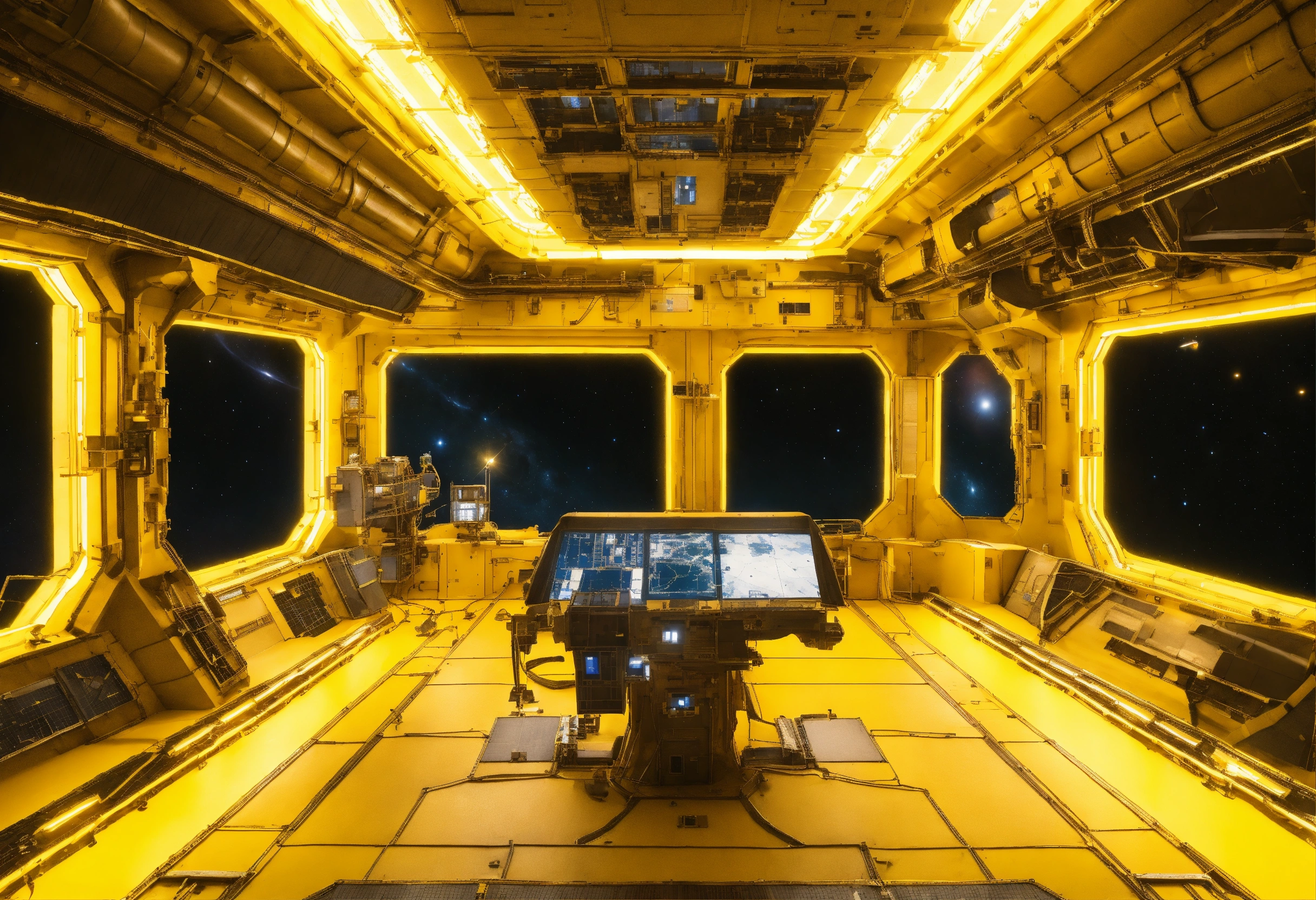 Lexica - Vew of space from a battleship doc of a yellow space station