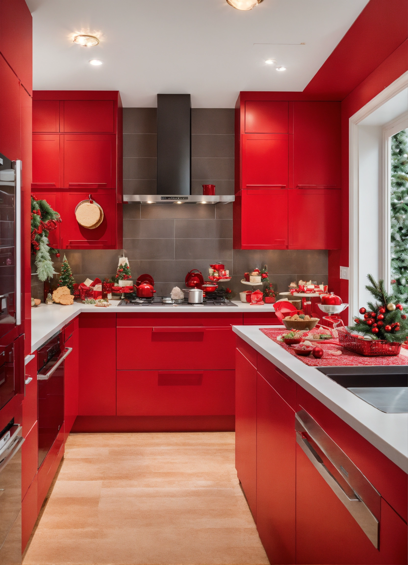 Lexica - Beautiful red Christmas kitchen facing facing forward with a ...