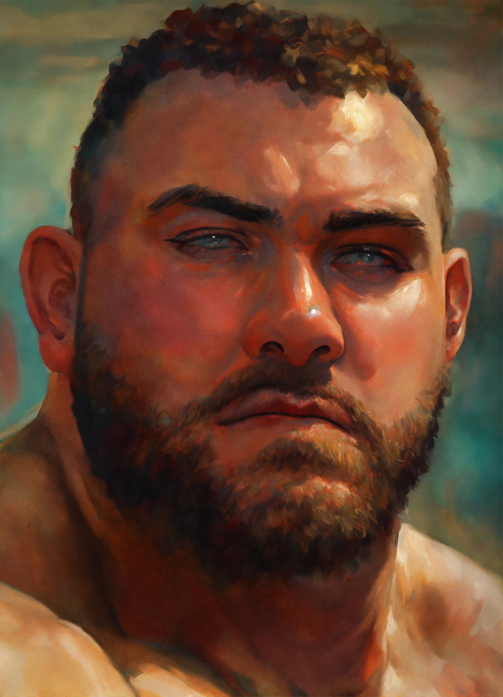 Lexica A very big and brave man with both eyes swollen shut from the