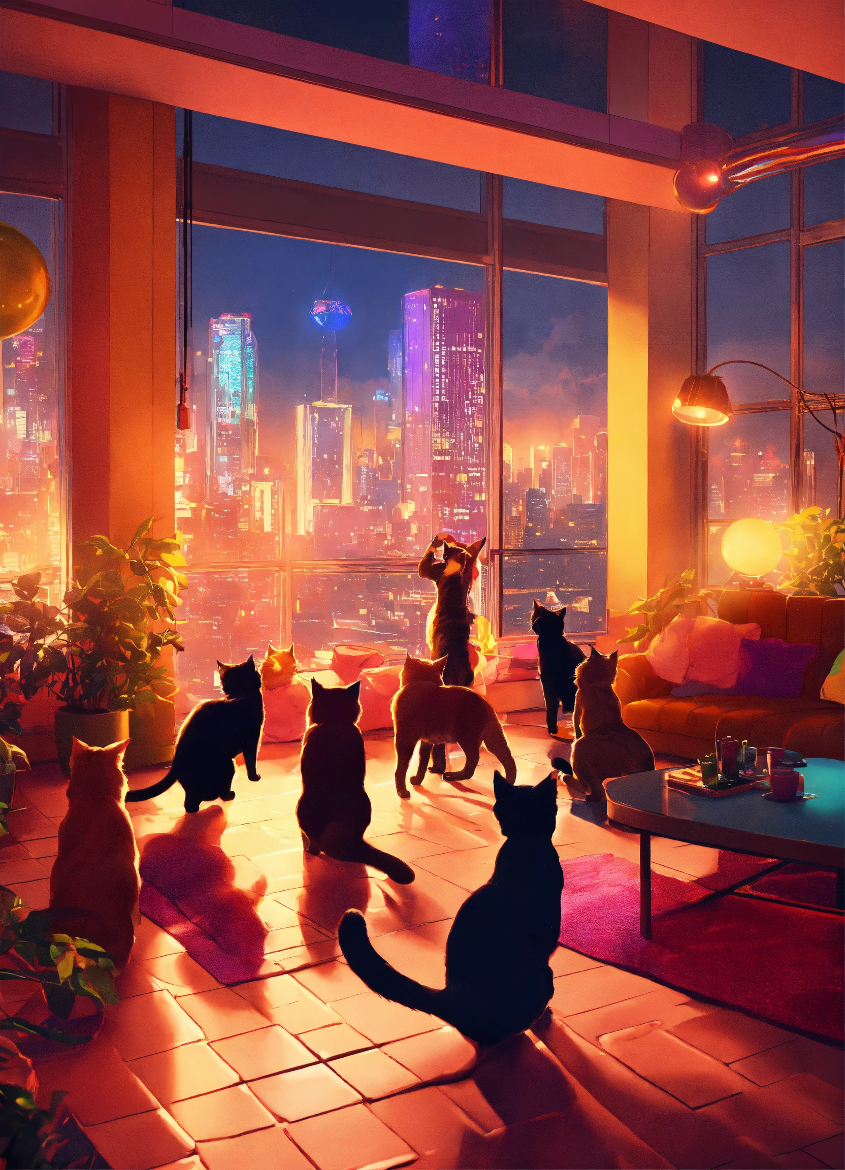 Lexica - A group of cats having a dance party in a high-rise apartment ...
