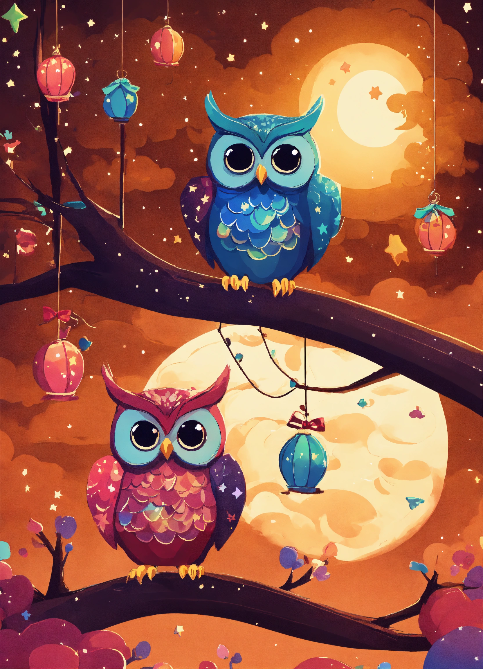 Lexica - Cartoon two owls sitting on a tree branch, one owl has a bow ...