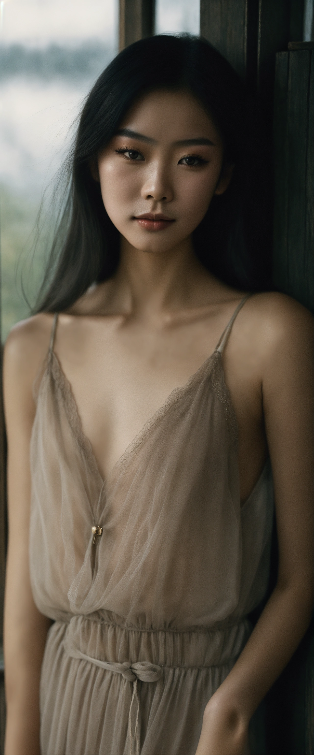 Lexica - Portrait of a beautiful gorgeous Chinese young woman with long  straight hair, wearing a camisole and a short, ethereal dreamy foggy,  photosh...