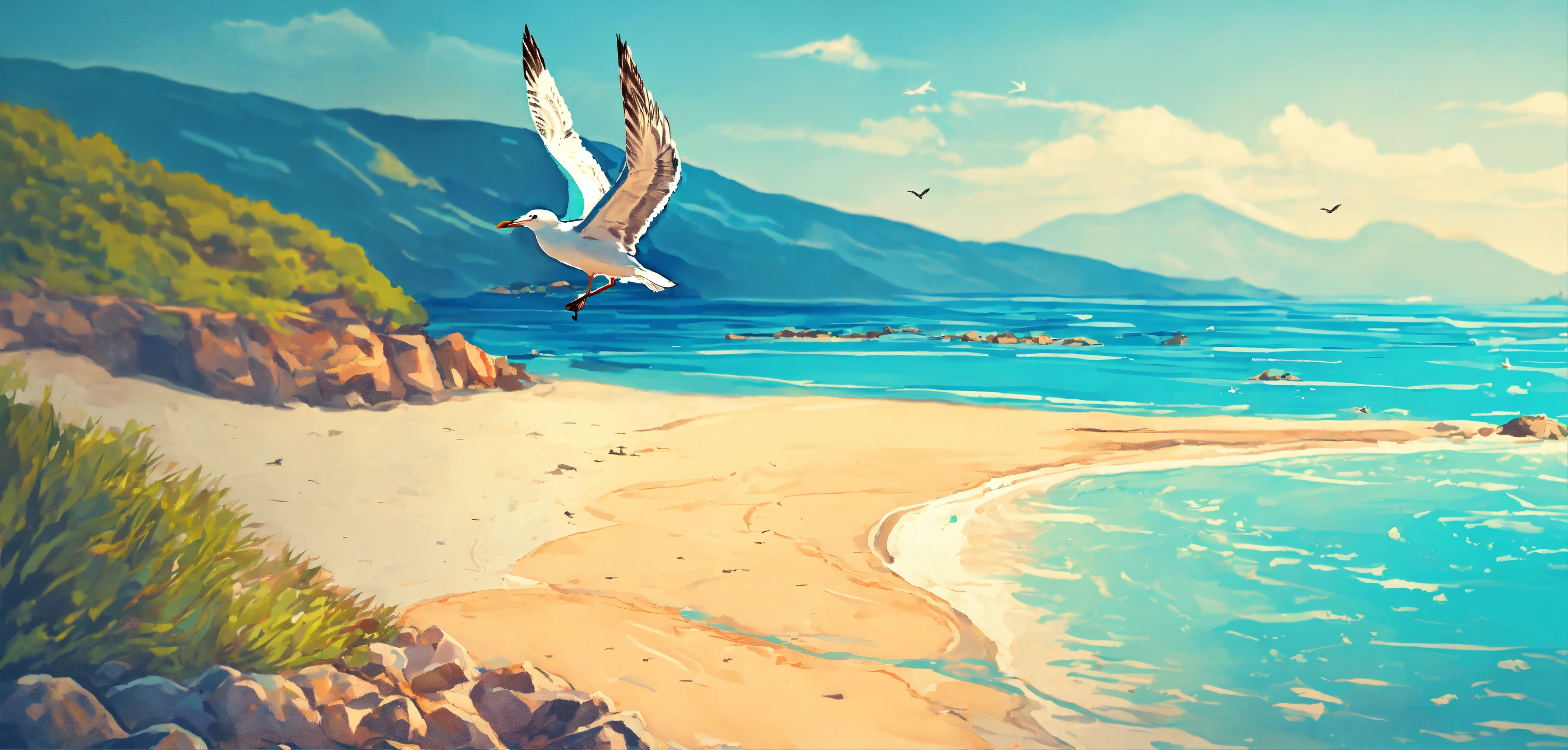 Lexica - A little seagull flying over a pretty beach surrounded blue ...