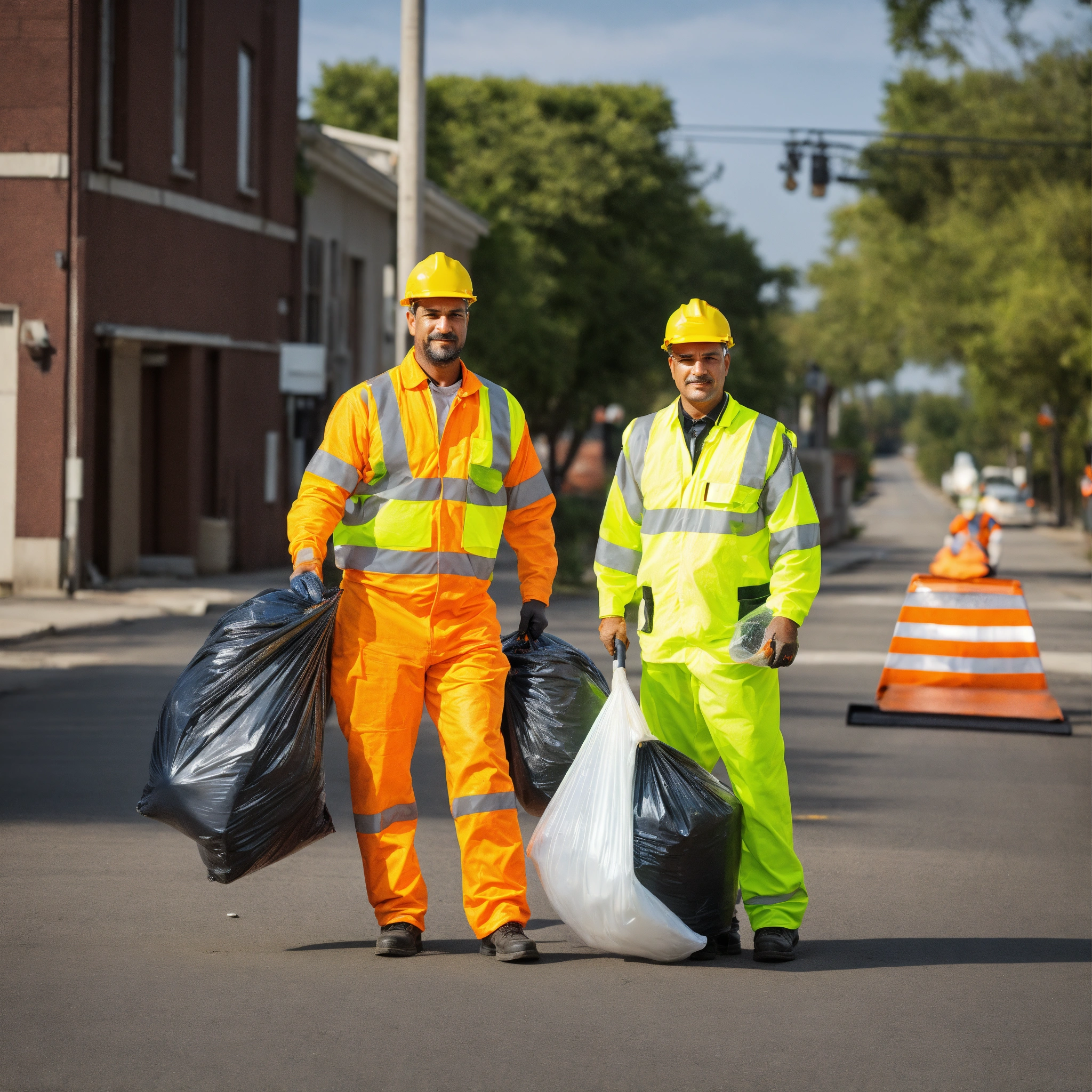 Lexica - Stock images of garbage men doing their job in high-visibility ...