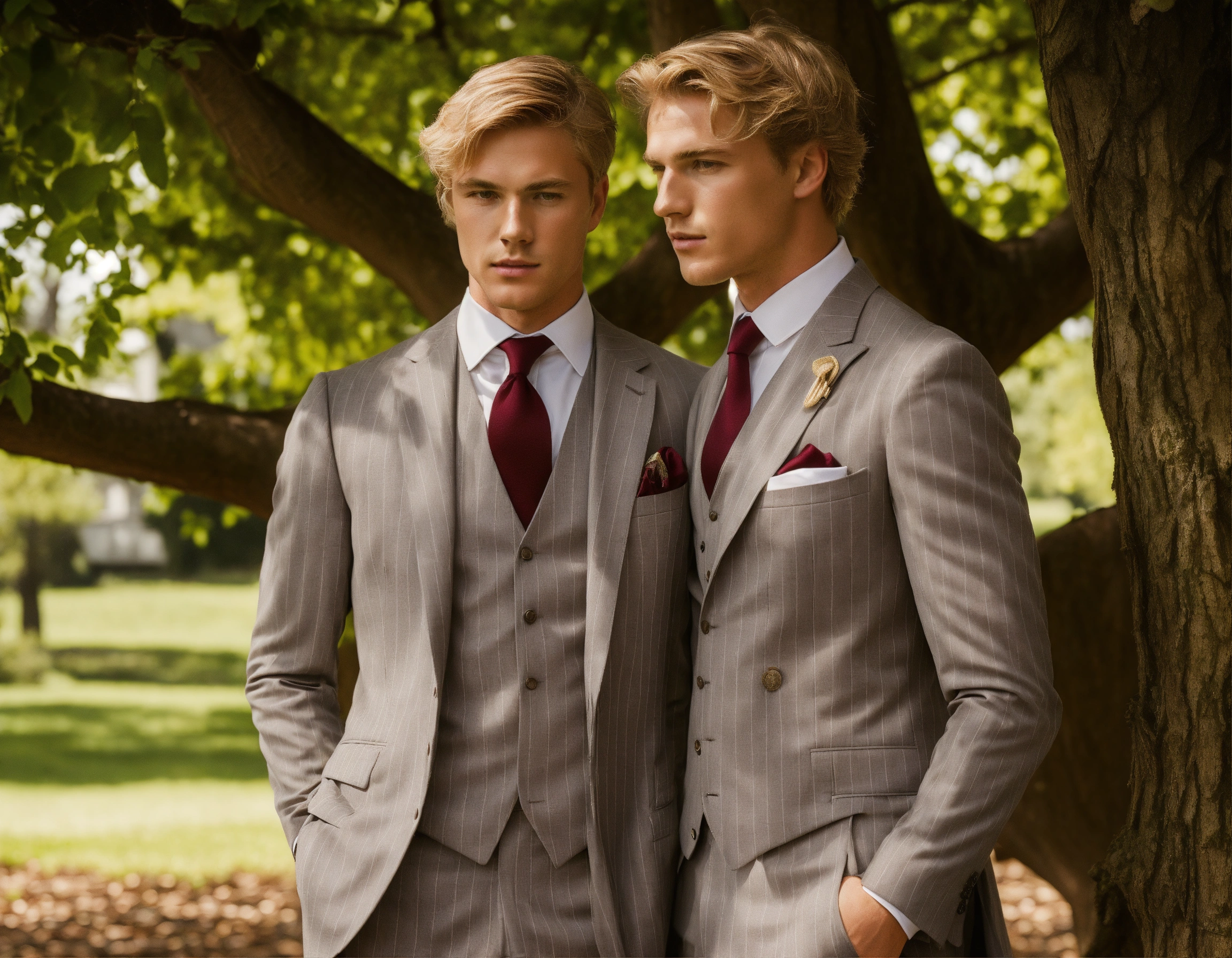 Lexica - Two young blonde gentlemen in light grey pinstripe vested suit ...