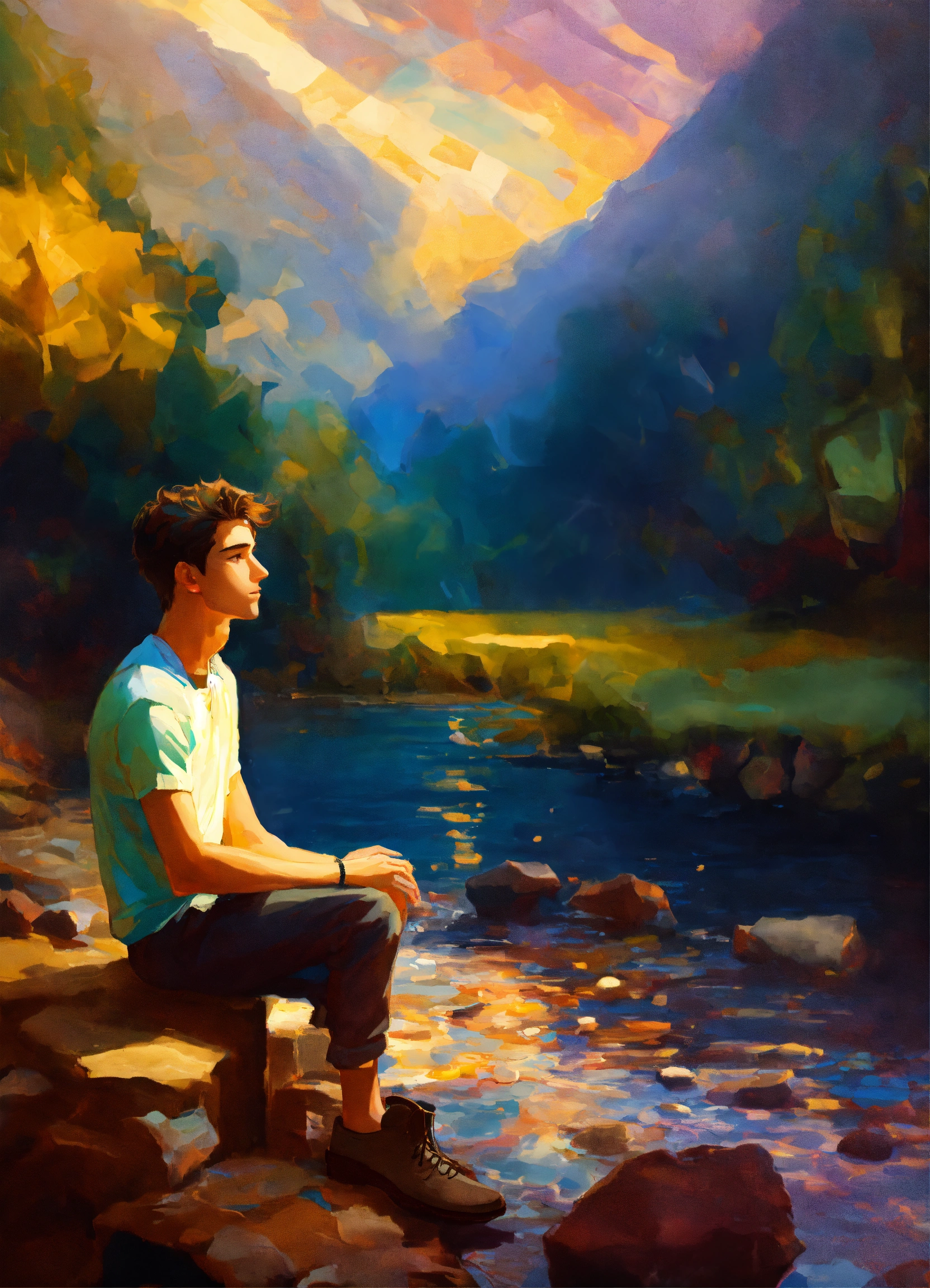 Lexica - Abstract, young man sitting next to a river, treasure