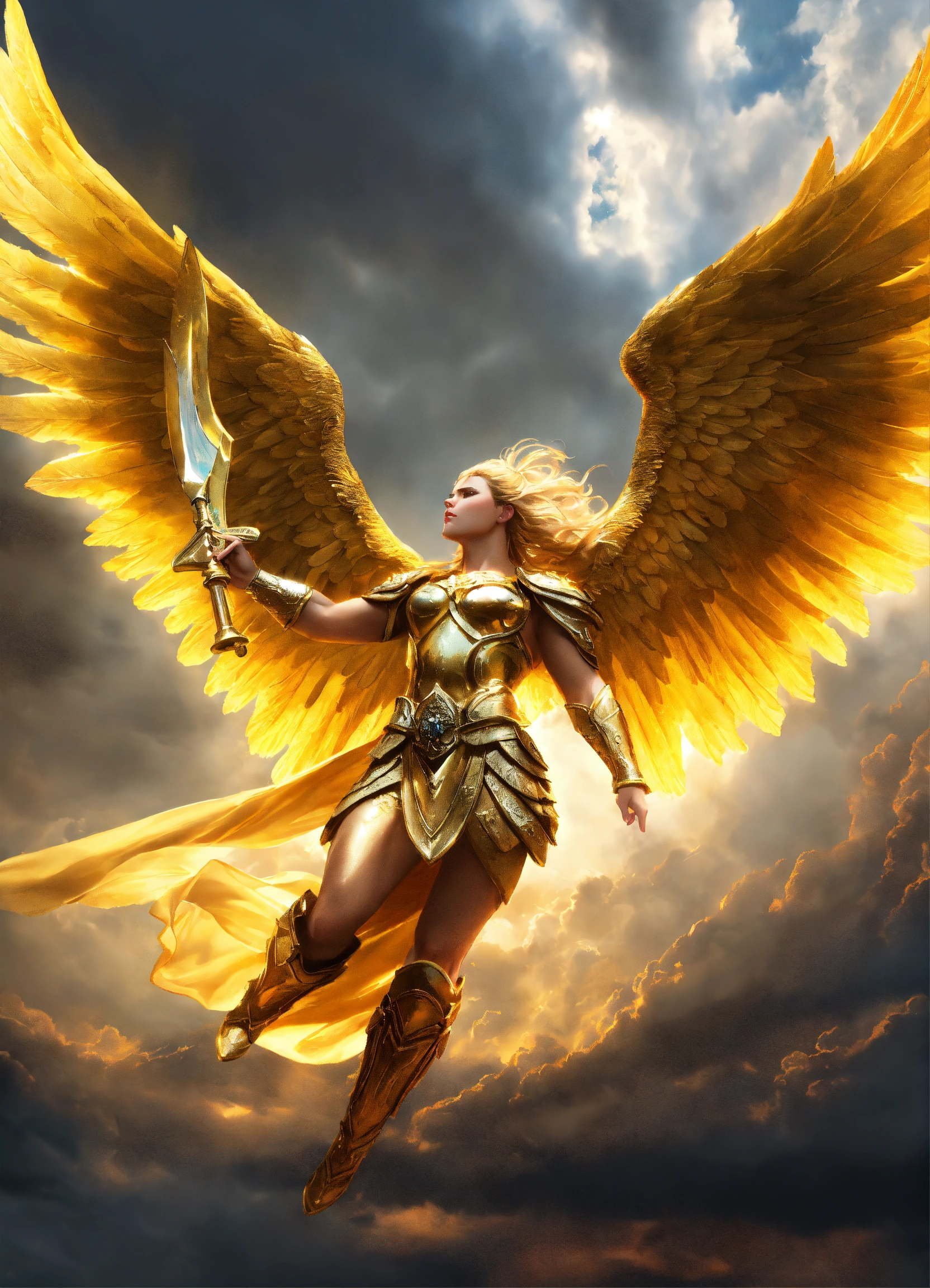 Lexica - A mighty strong golden flying angel fighting a n enemy the sky ...