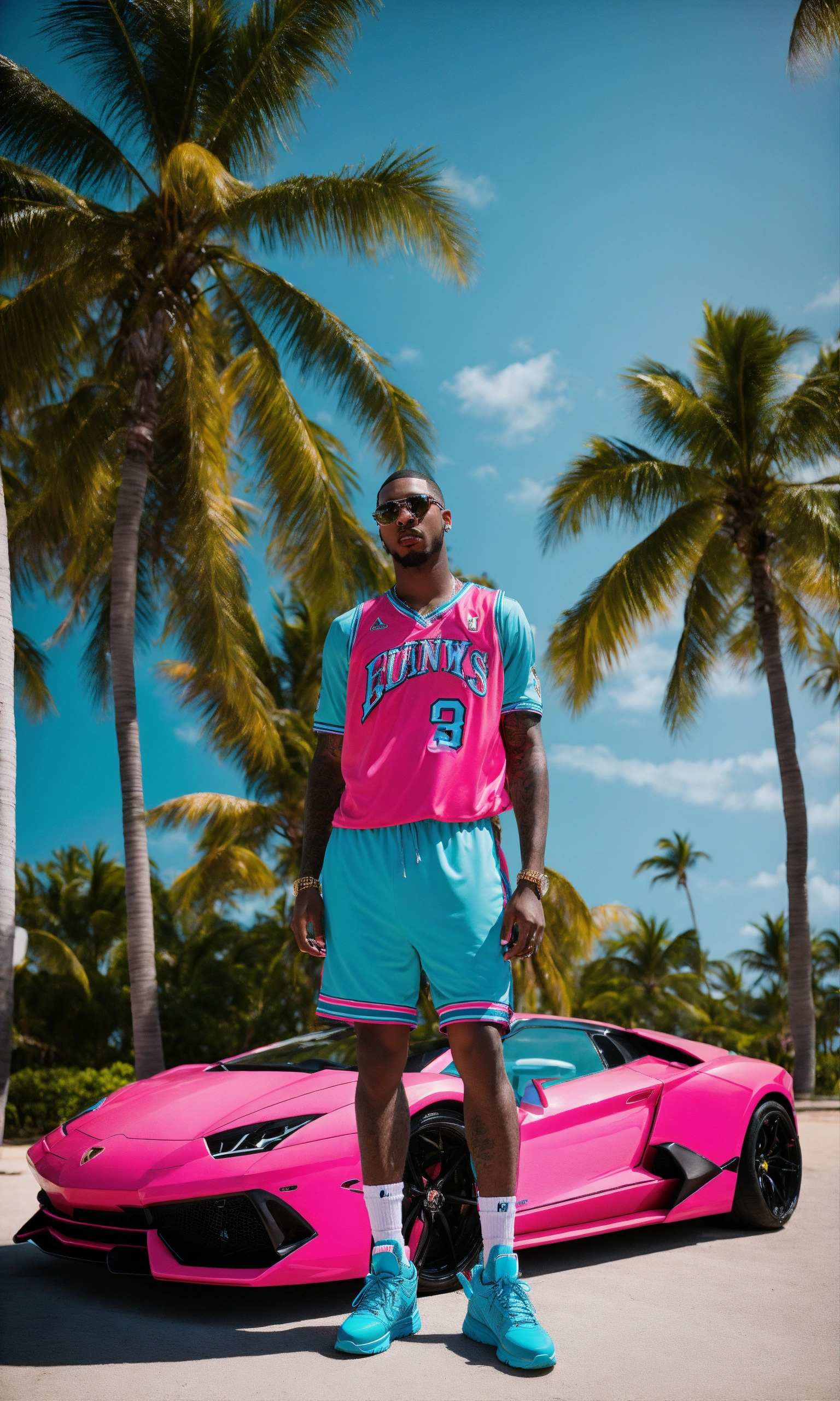 Lexica - Close up photos of a rapper wear a blue Tiffany basketball ...