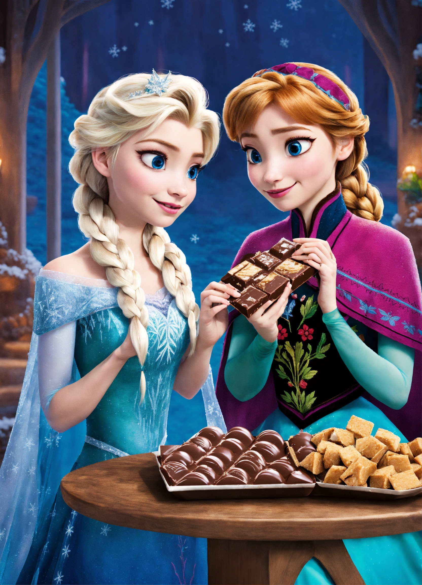 Lexica - Anna and Elsa eating a chocolate bar from the disney movie frozen