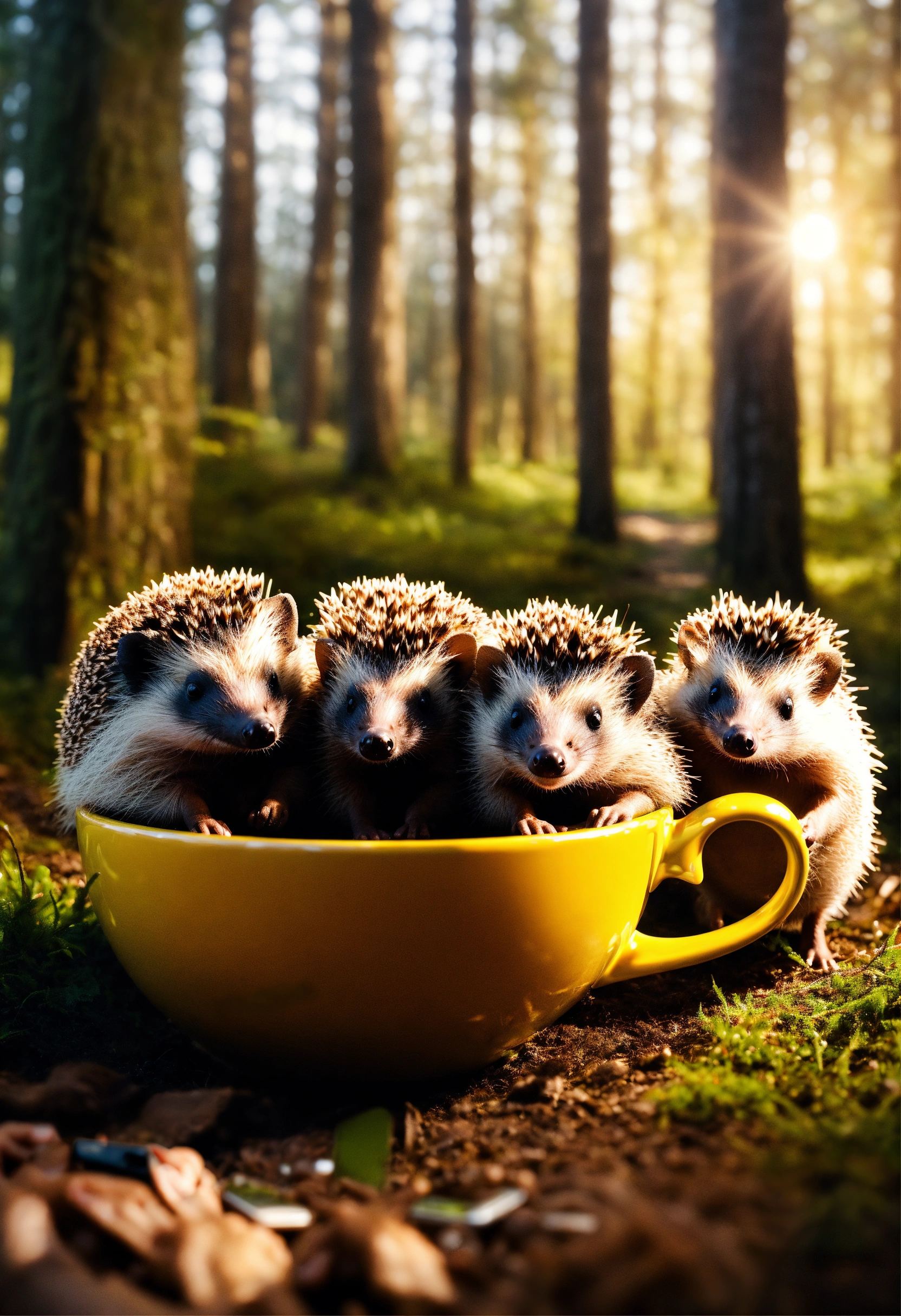 Lexica - 5 hedgehogs taking a selfie, having coffee in a clearing in ...