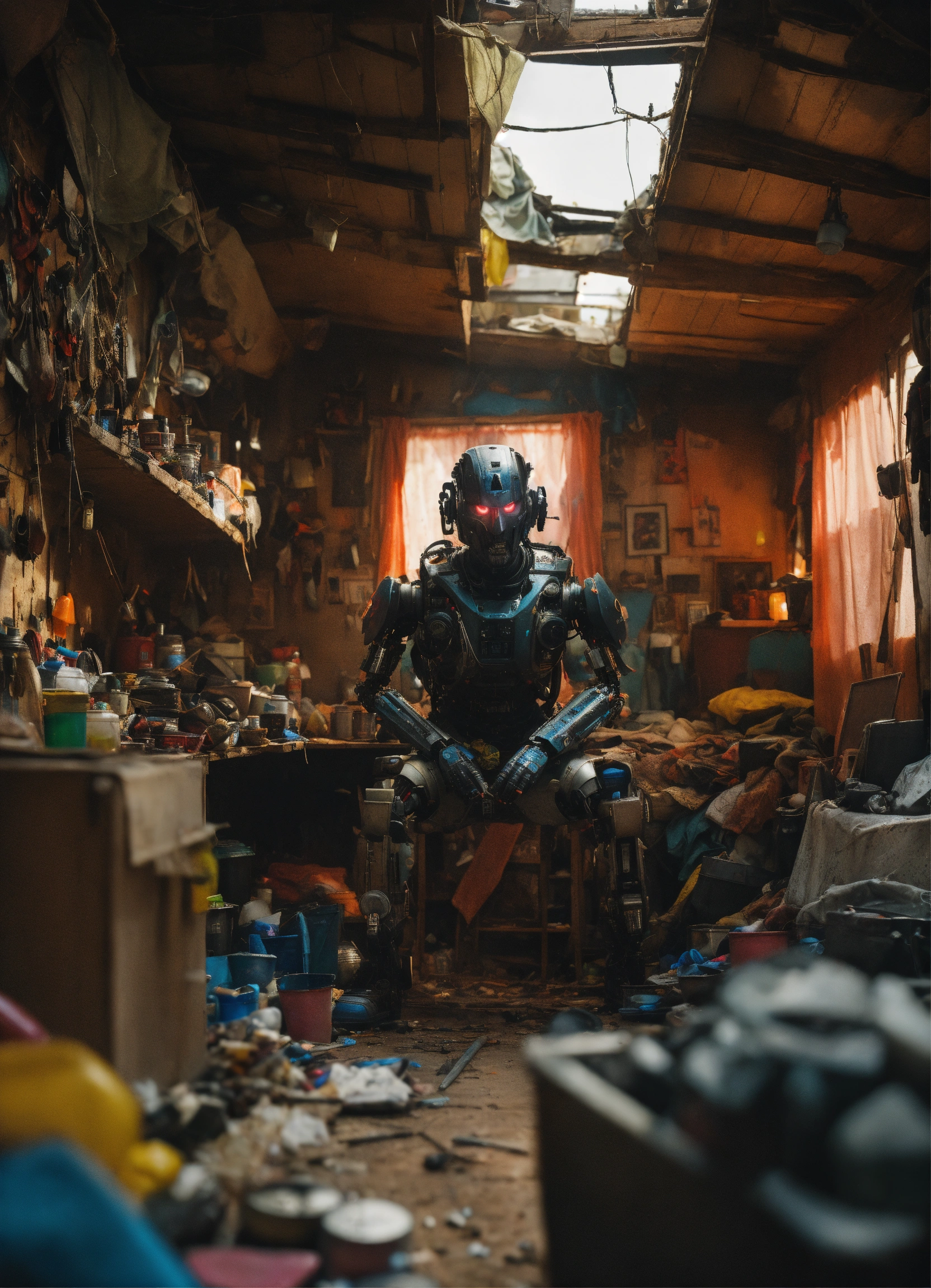 Lexica - Wide angle Environmental shot of evil Cyborg in a cluttered ...