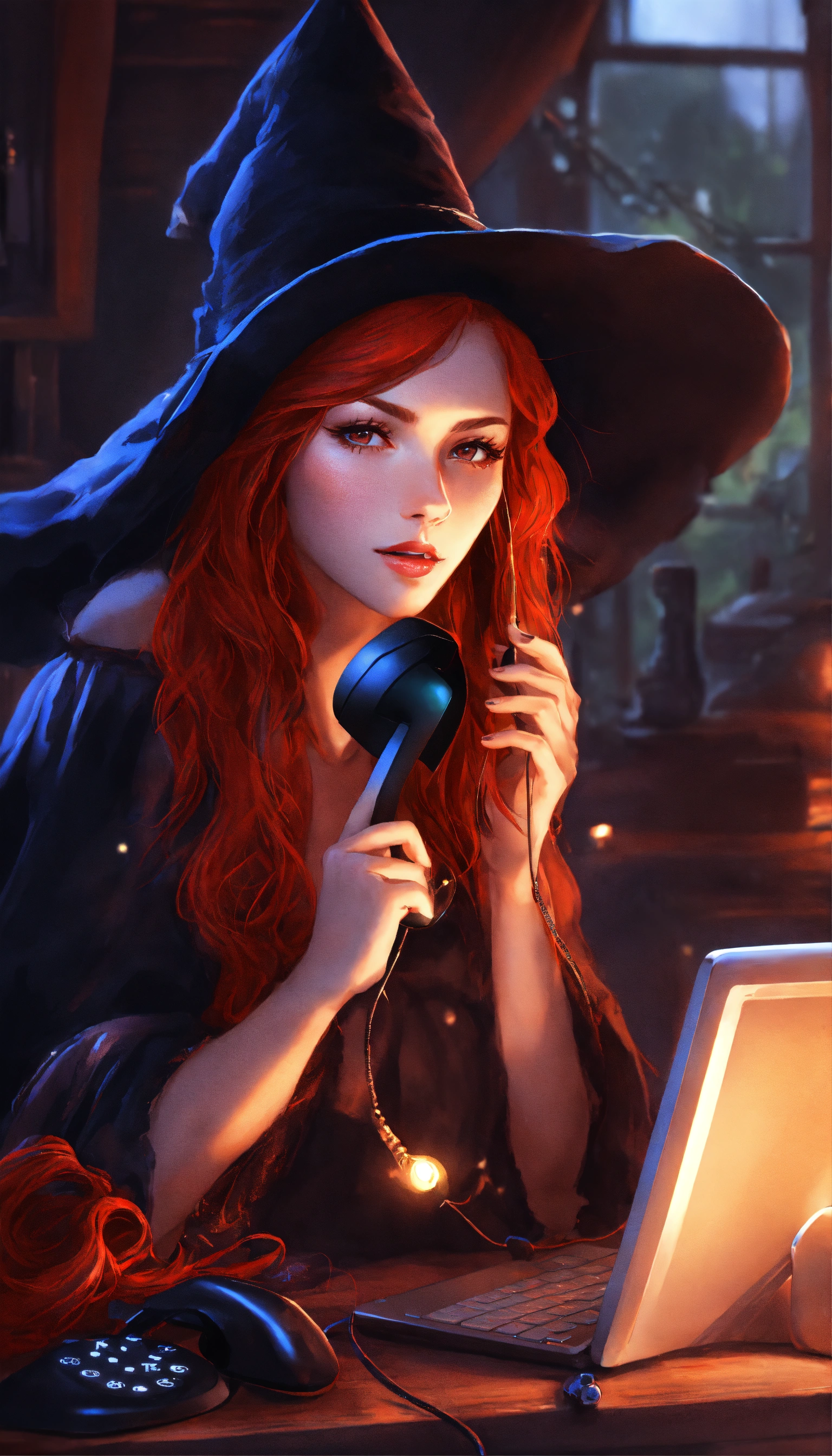 Lexica - Red-haired witch on the phone on her computer