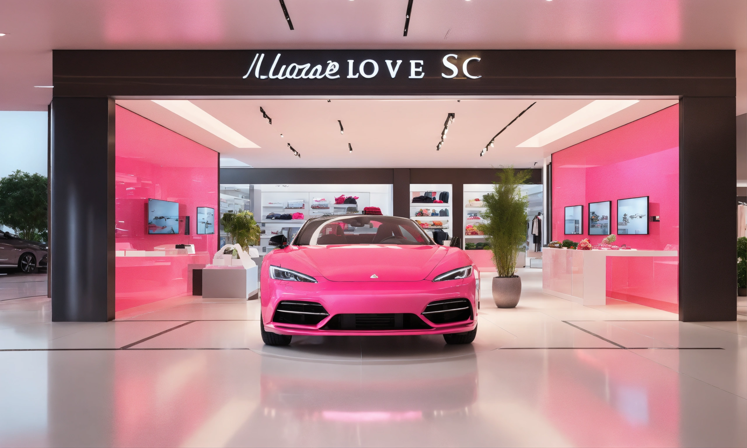 Lexica - Indoor, inside mall, small store, car rental store, pink car ...