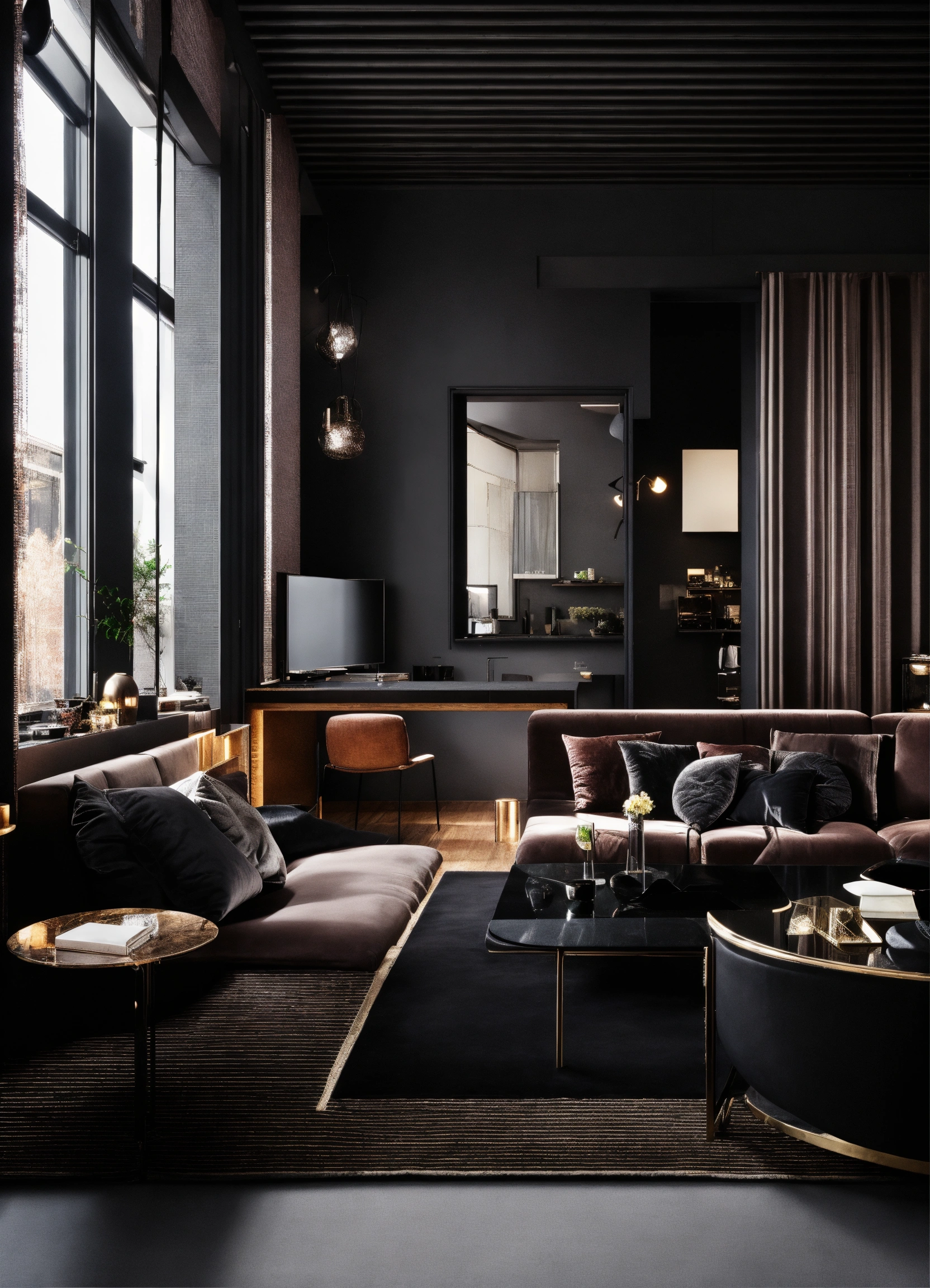 Lexica - Black interior design for a bedroom, living room and a kitchen