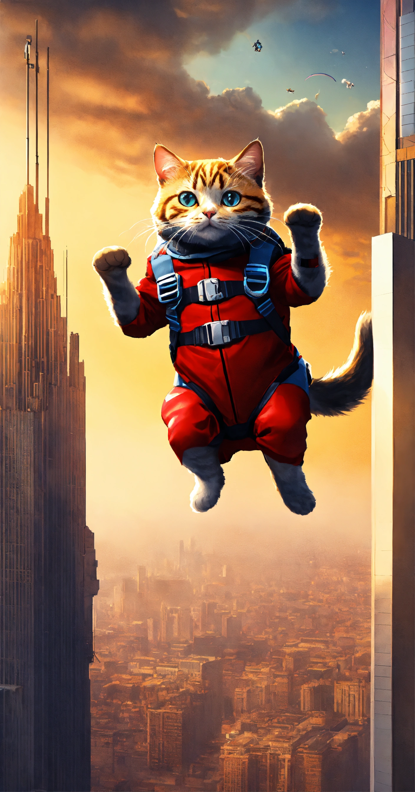 Lexica Create an image of a daredevil cat base jumping off a towering