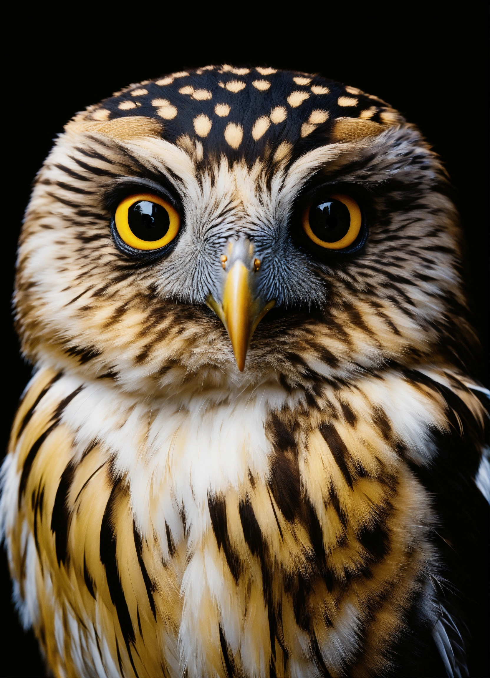 Lexica - White ruru morepork black background photo realistic