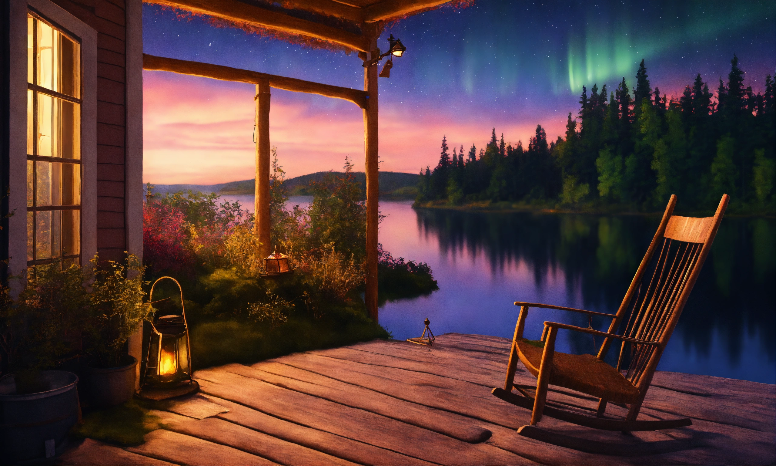 Lexica - Epic shot of ultra detailed and cozy porch in Sweden at a lake ...