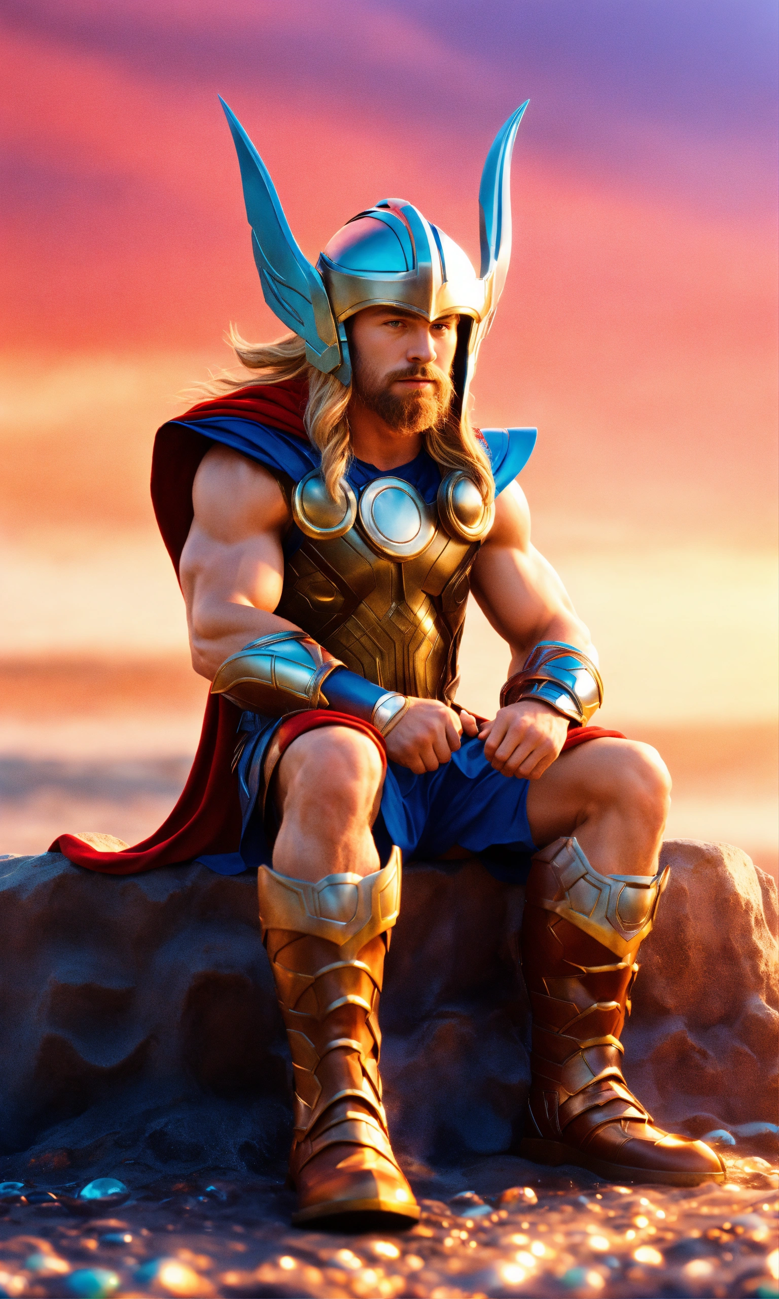 Lexica - Thor on seaside full-body, colorful background, 3D render, sitting
