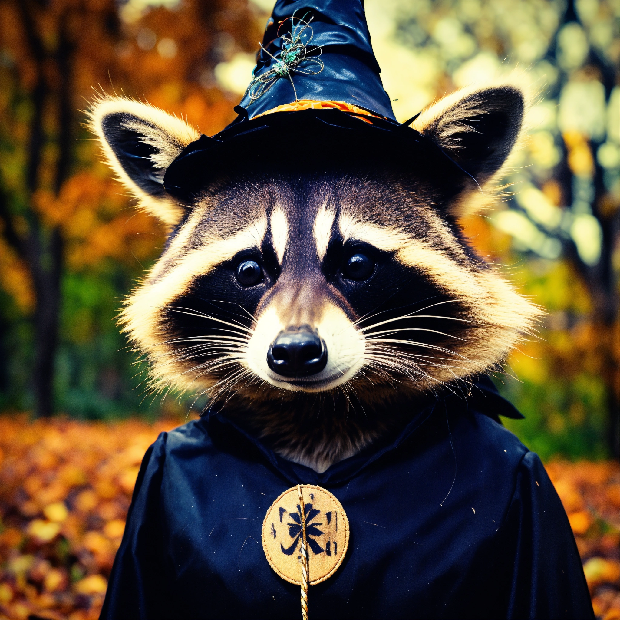 Lexica - A photograph of a raccoon celebrating Halloween in a witch ...