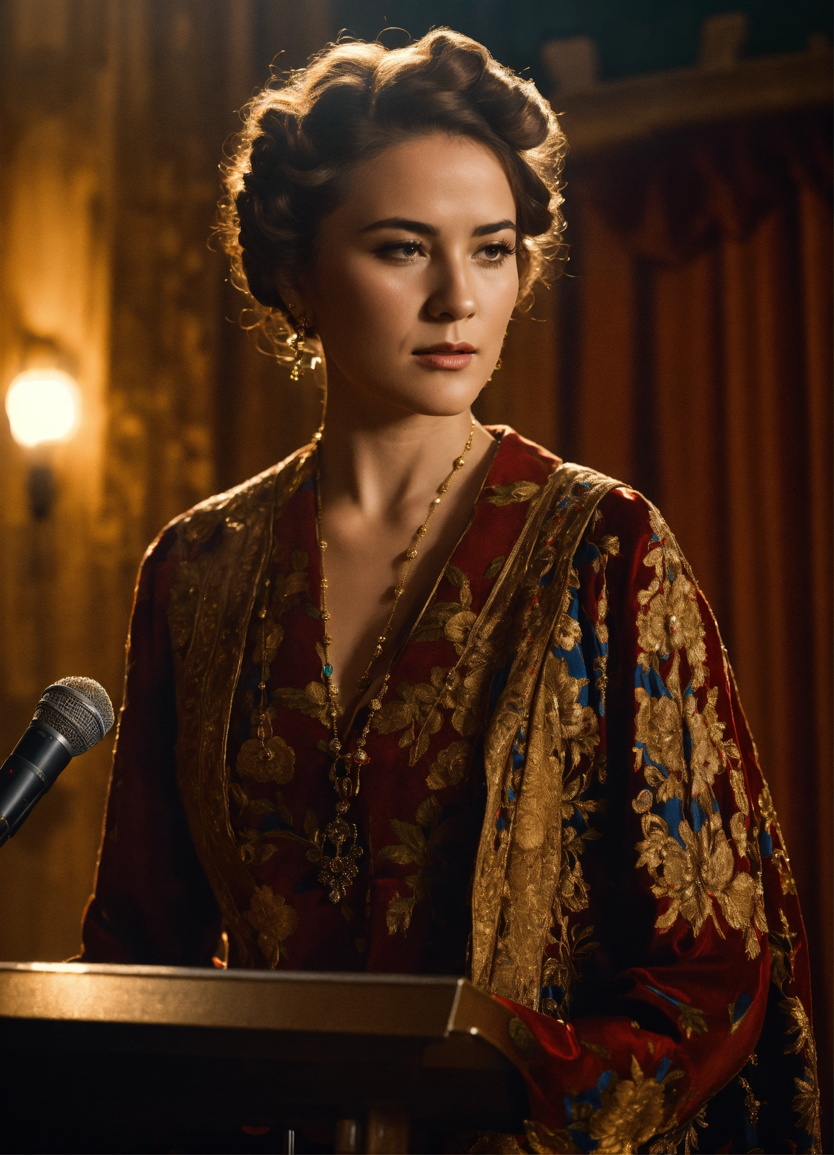 Lexica - A noble woman standing in front of the microphone