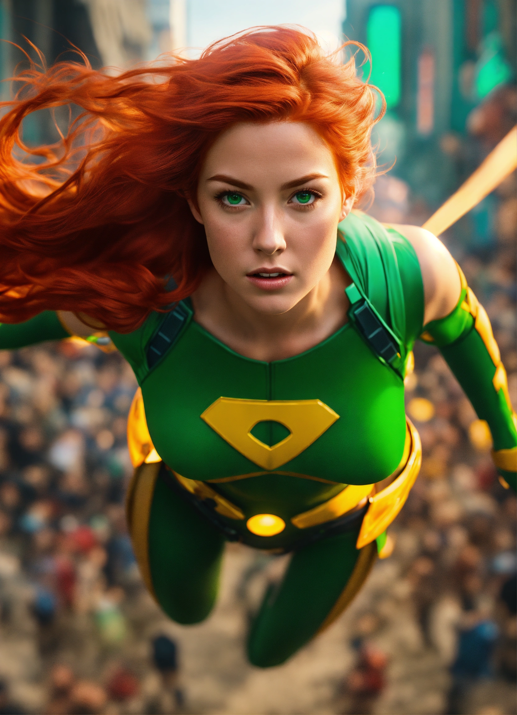 Lexica - Red-haired, green-eyed female superhero, floating down out of ...