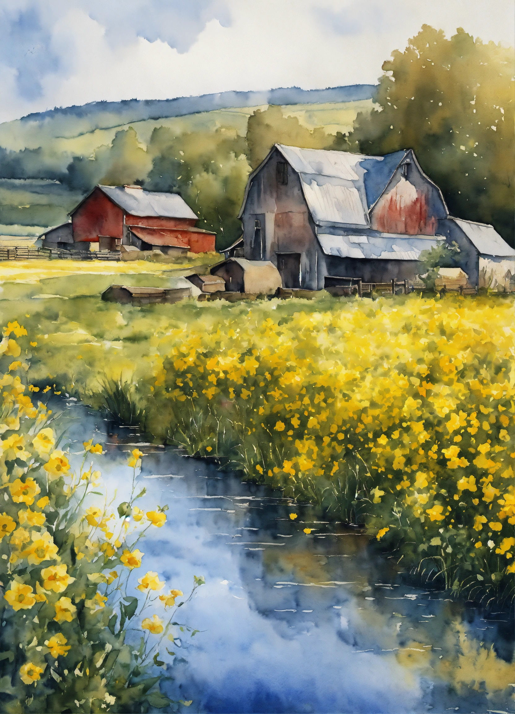 Lexica - Watercolor painting of an Old Farm on a river, blue and yellow ...